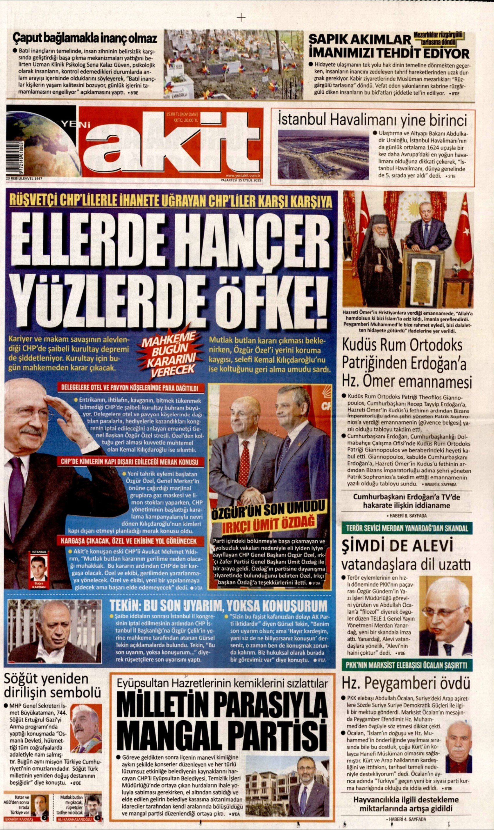 CHP'de kritik gün: Gazeteler kurultay davasını nasıl gördü? (15 Eylül 2025 gazete manşetleri)