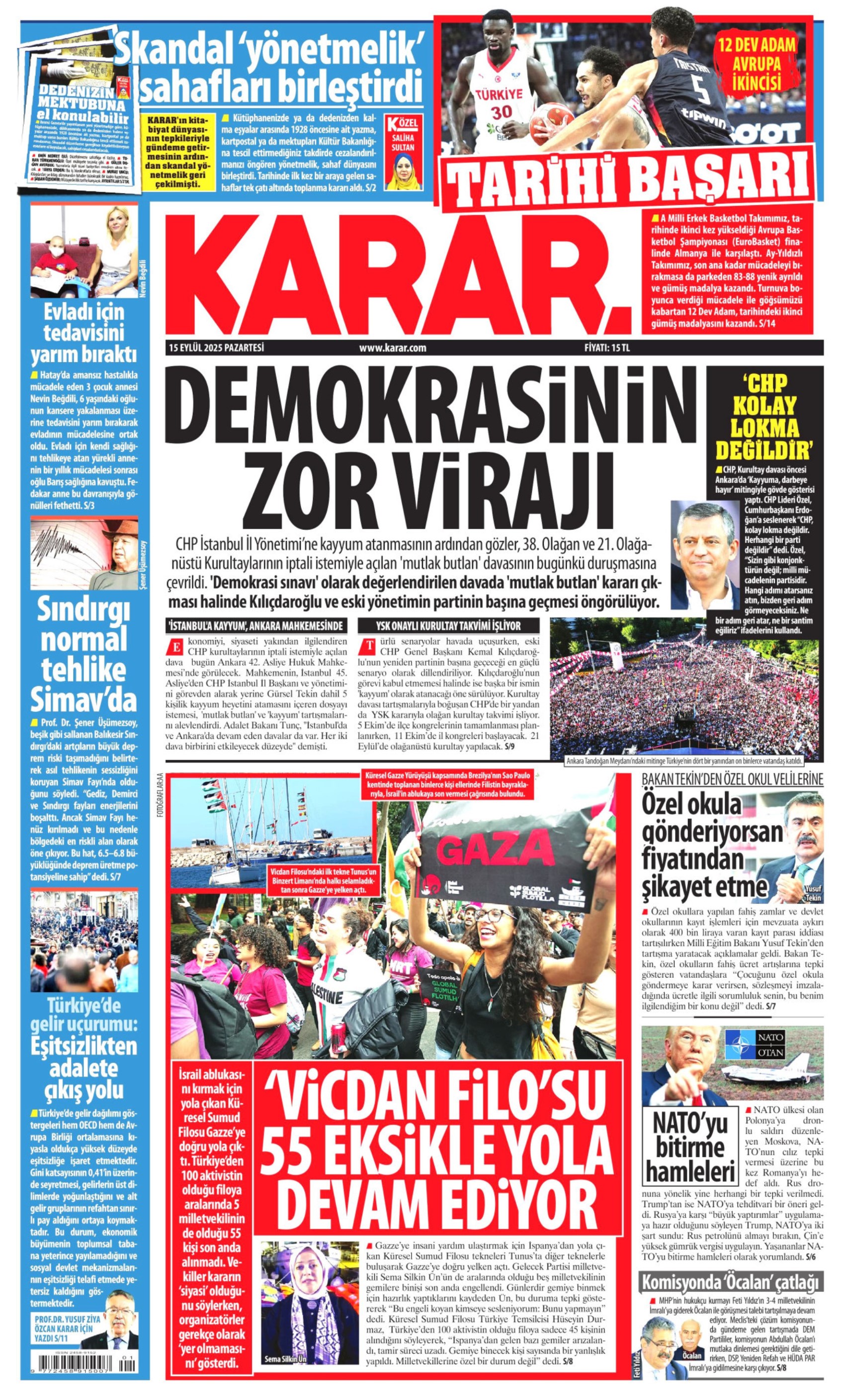 CHP'de kritik gün: Gazeteler kurultay davasını nasıl gördü? (15 Eylül 2025 gazete manşetleri)