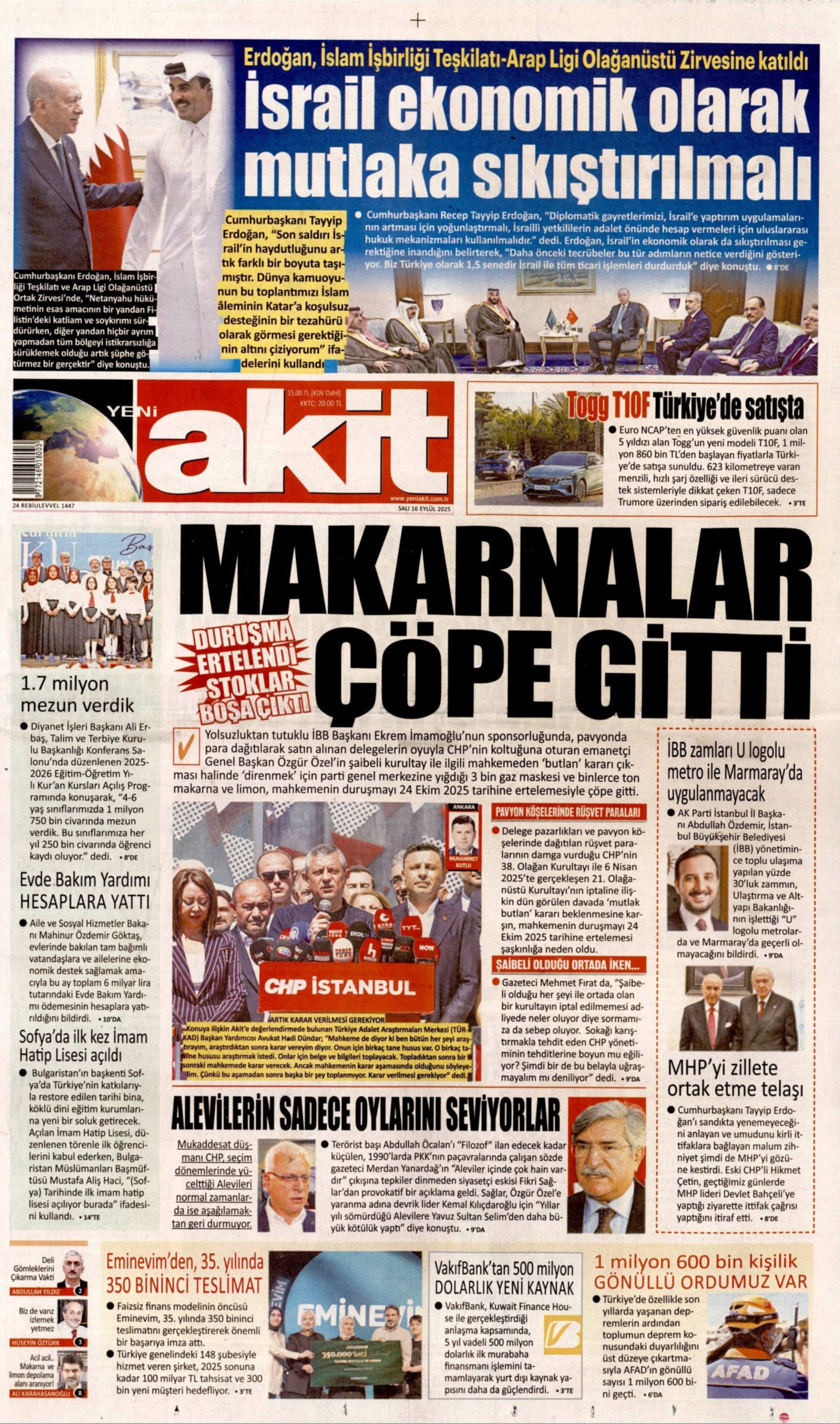 Gazeteler, CHP'nin kurultay davasındaki erteleme kararını nasıl gördü? (16 Eylül 2025 gazete manşetleri)