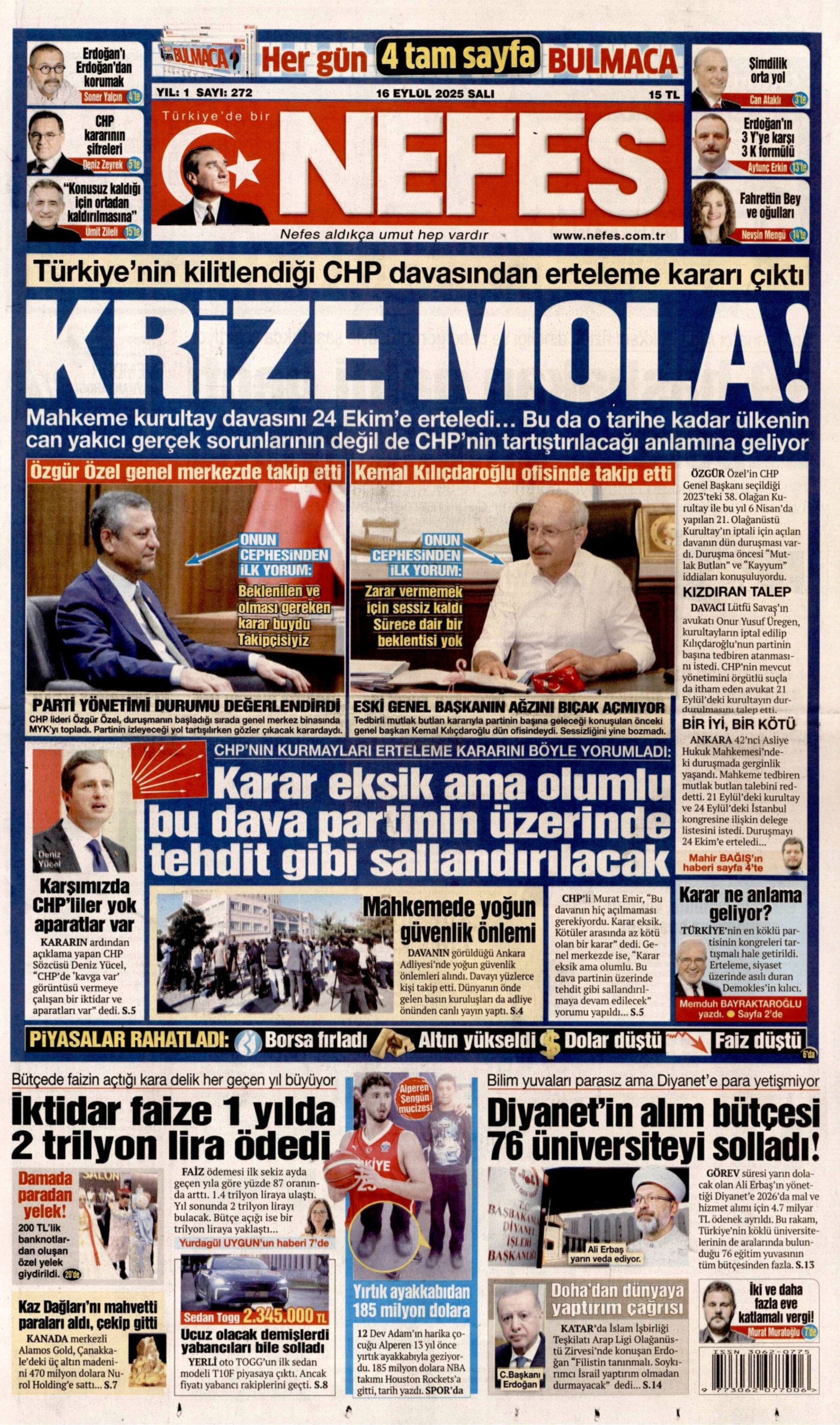 Gazeteler, CHP'nin kurultay davasındaki erteleme kararını nasıl gördü? (16 Eylül 2025 gazete manşetleri)