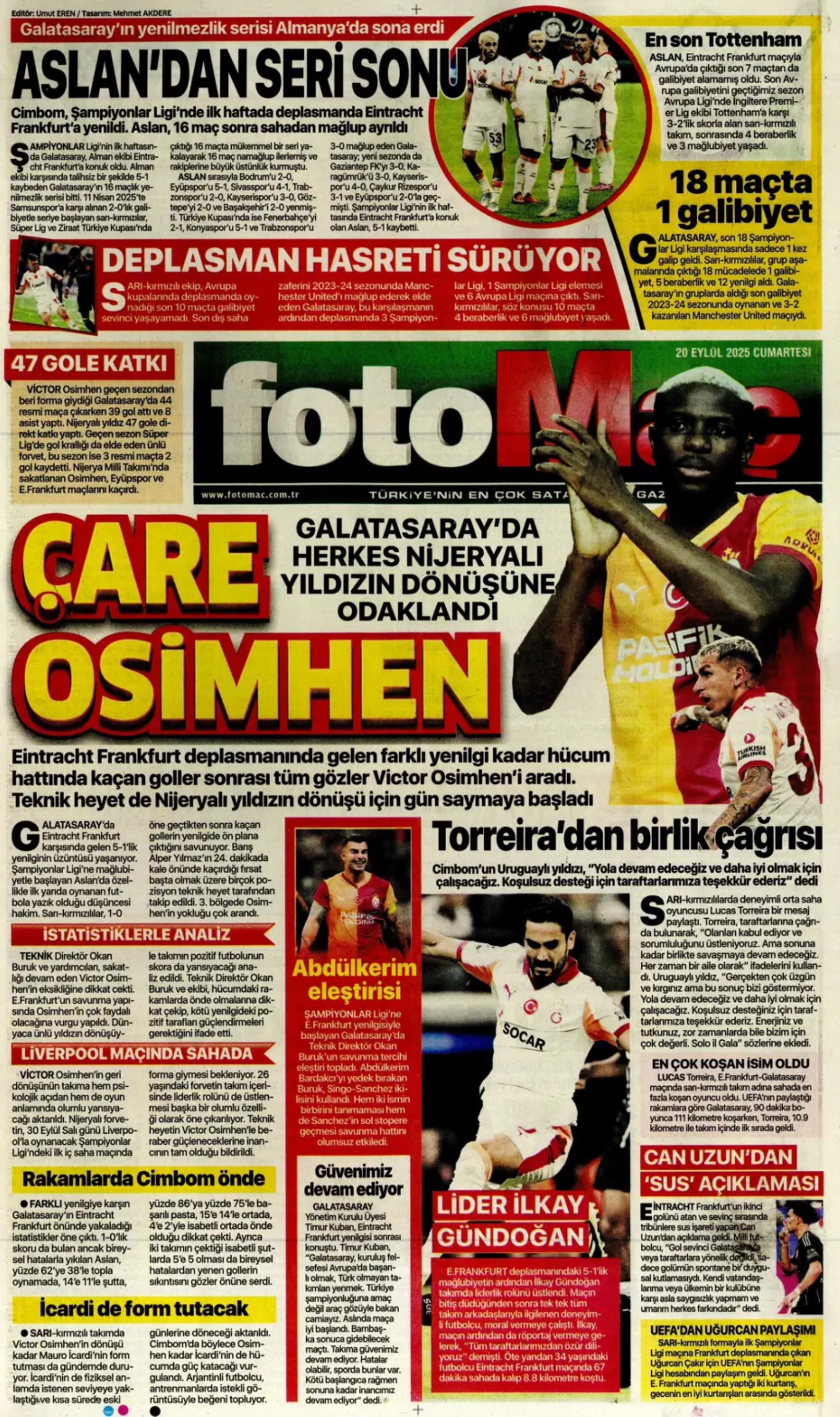Sporda günün manşetleri: 'Avrupa'da hep Buruk'