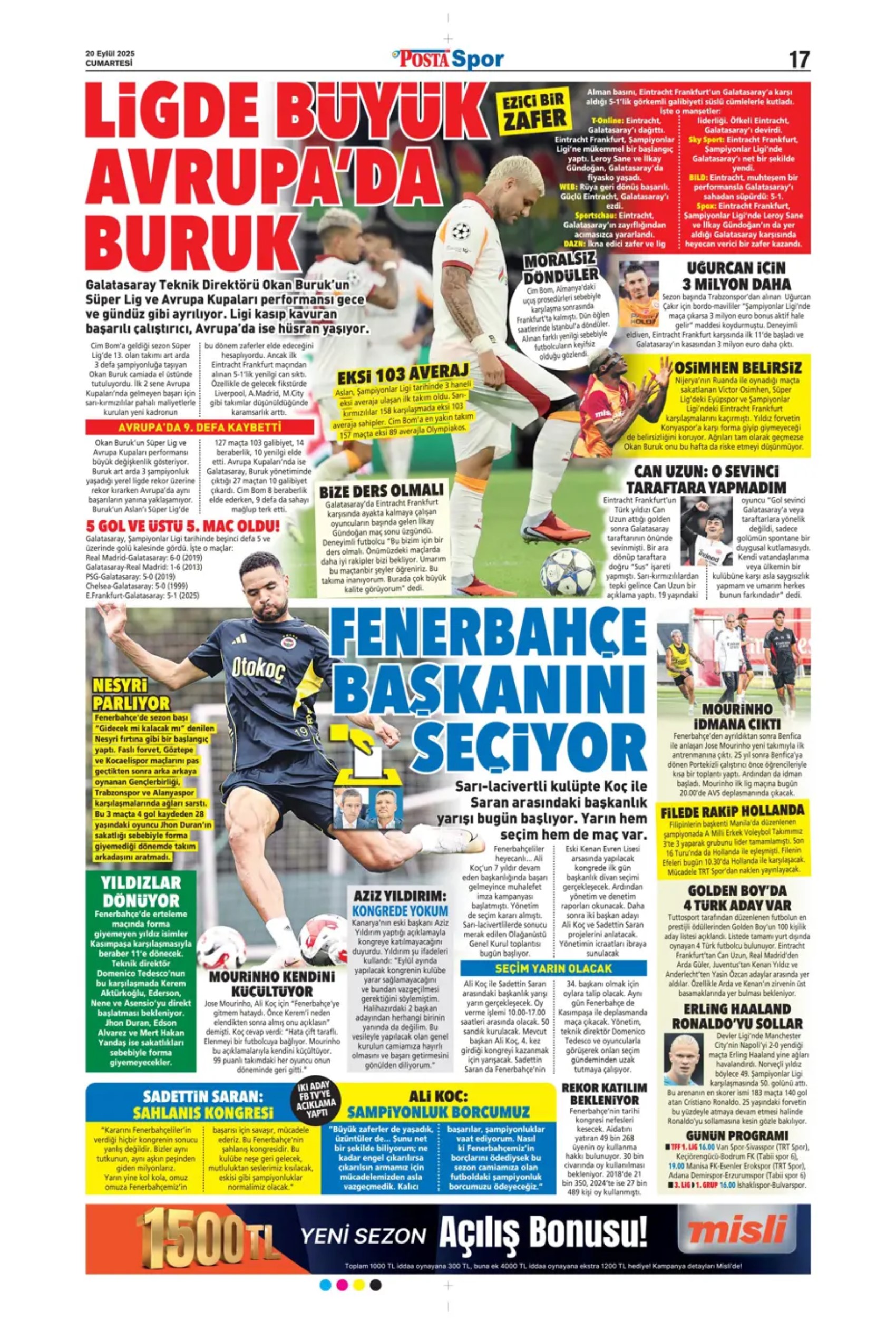 Sporda günün manşetleri: 'Avrupa'da hep Buruk'