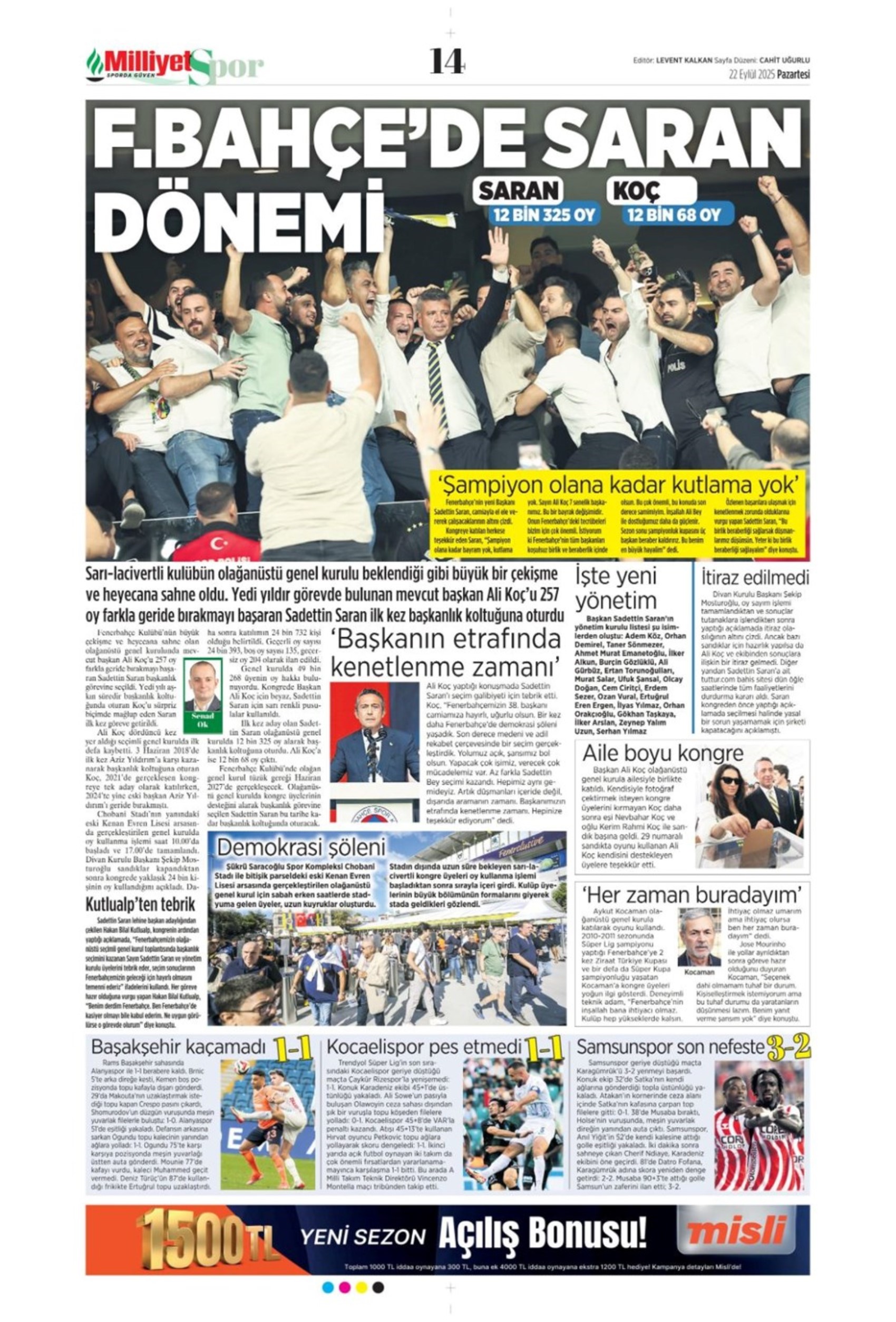 Sporda günün manşetleri... Fenerbahçe'de 7 yıllık Ali Koç dönemi bitti! 'Yeni başkan Saran, takım yine hüsran!'