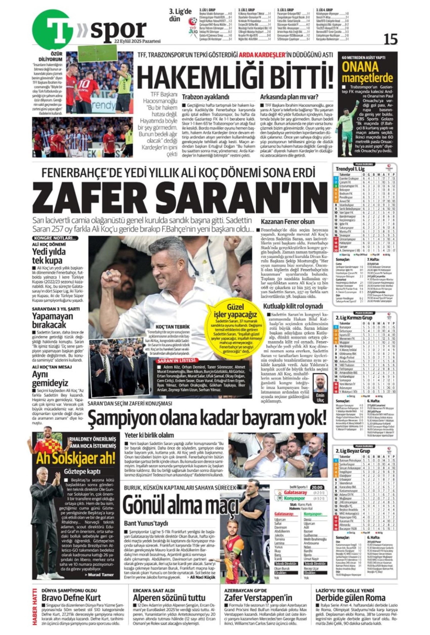 Sporda günün manşetleri... Fenerbahçe'de 7 yıllık Ali Koç dönemi bitti! 'Yeni başkan Saran, takım yine hüsran!'