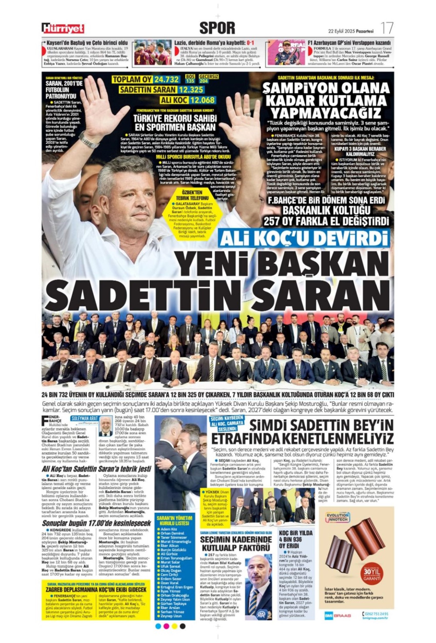 Sporda günün manşetleri... Fenerbahçe'de 7 yıllık Ali Koç dönemi bitti! 'Yeni başkan Saran, takım yine hüsran!'