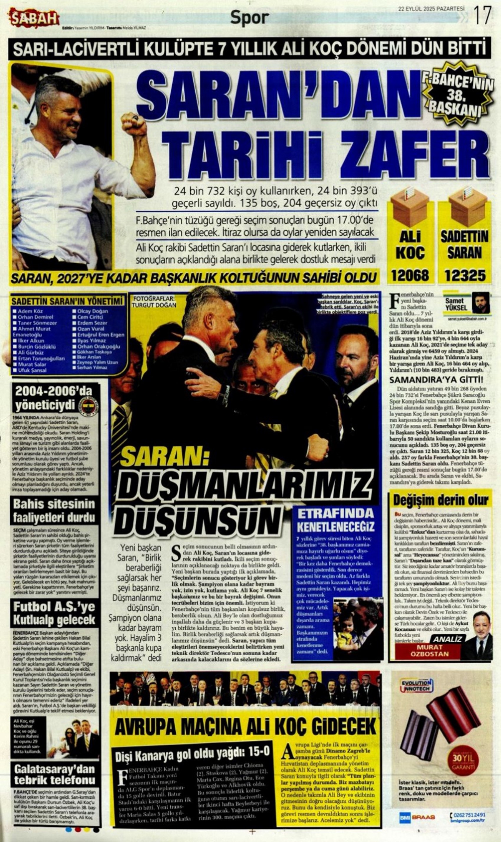 Sporda günün manşetleri... Fenerbahçe'de 7 yıllık Ali Koç dönemi bitti! 'Yeni başkan Saran, takım yine hüsran!'