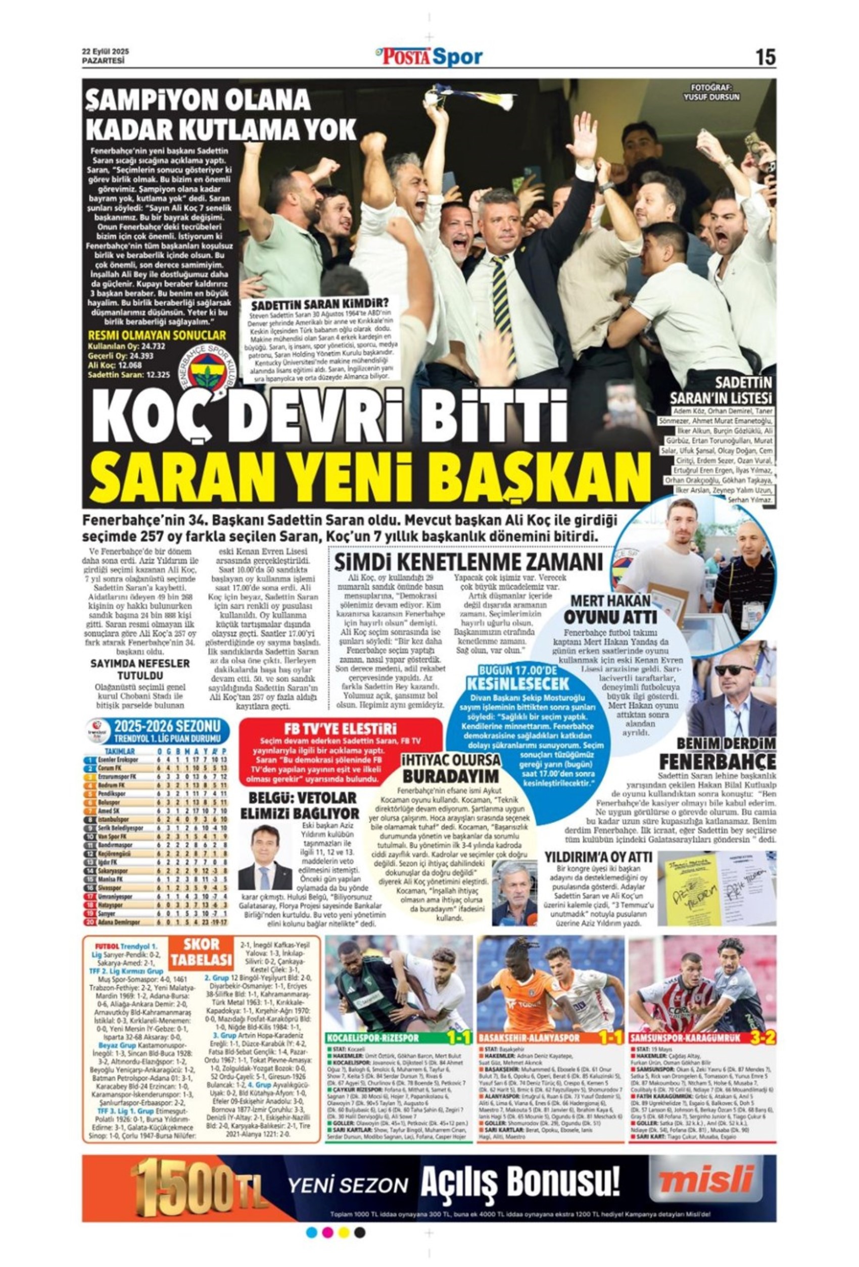 Sporda günün manşetleri... Fenerbahçe'de 7 yıllık Ali Koç dönemi bitti! 'Yeni başkan Saran, takım yine hüsran!'