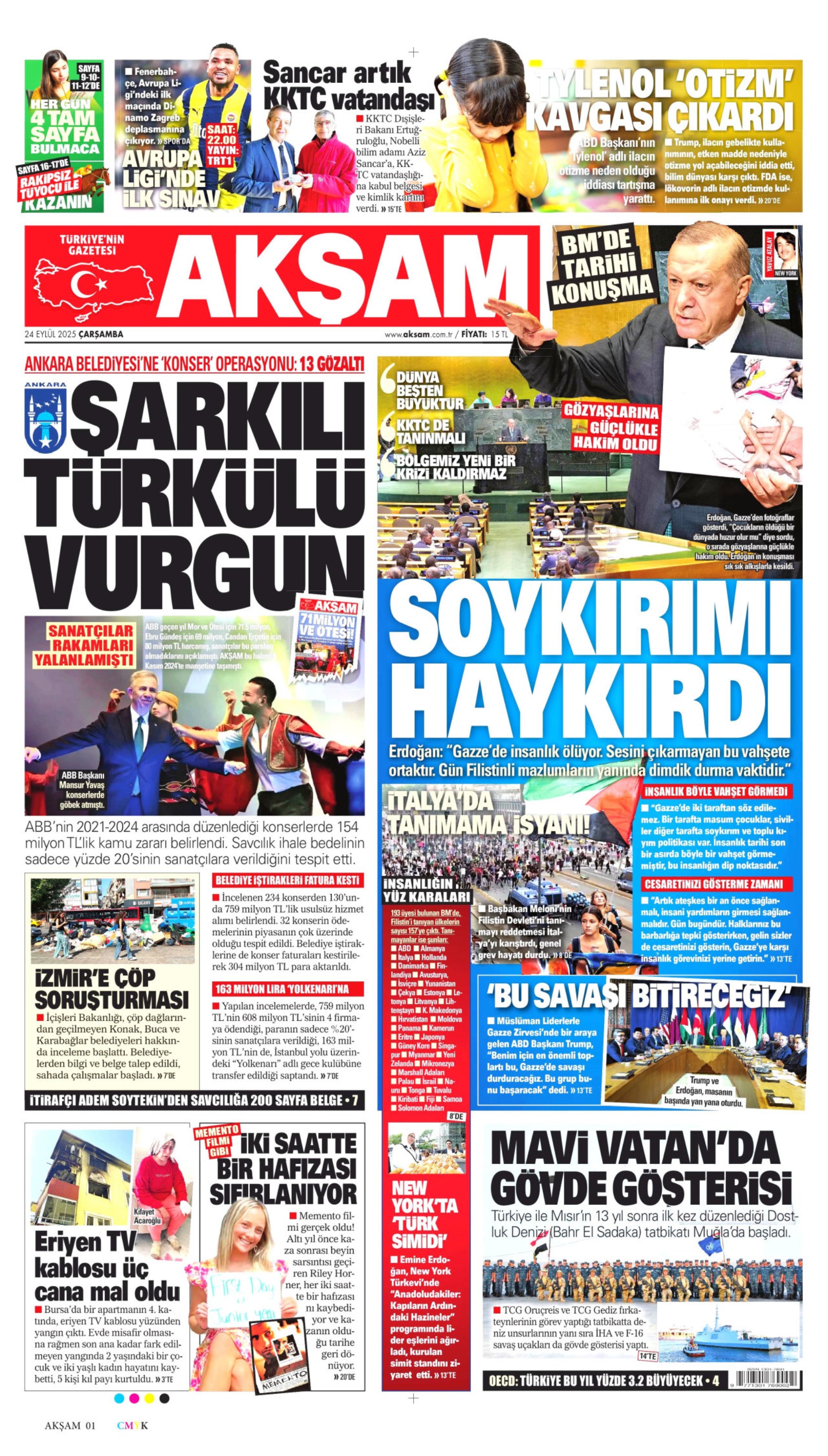 24 Eylül 2025 gazete manşetleri: Gazeteler, ABB'ye yönelik konser operasyonunu nasıl gördü?