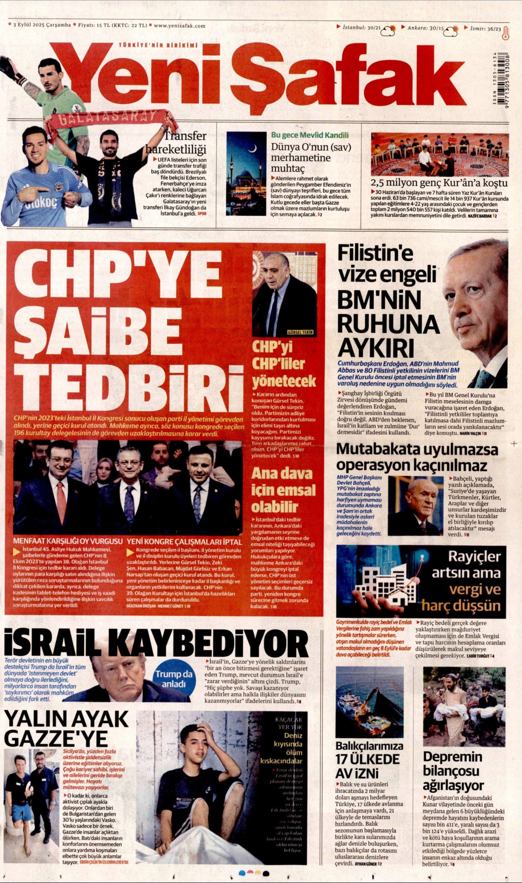 3 Eylül 2025 gazete manşetleri: Gazeteler, CHP İstanbul'a kayyum atanmasını nasıl gördü?