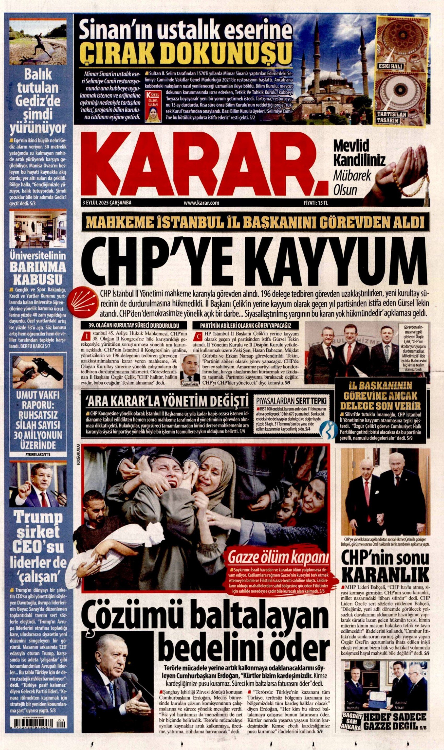 3 Eylül 2025 gazete manşetleri: Gazeteler, CHP İstanbul'a kayyum atanmasını nasıl gördü?