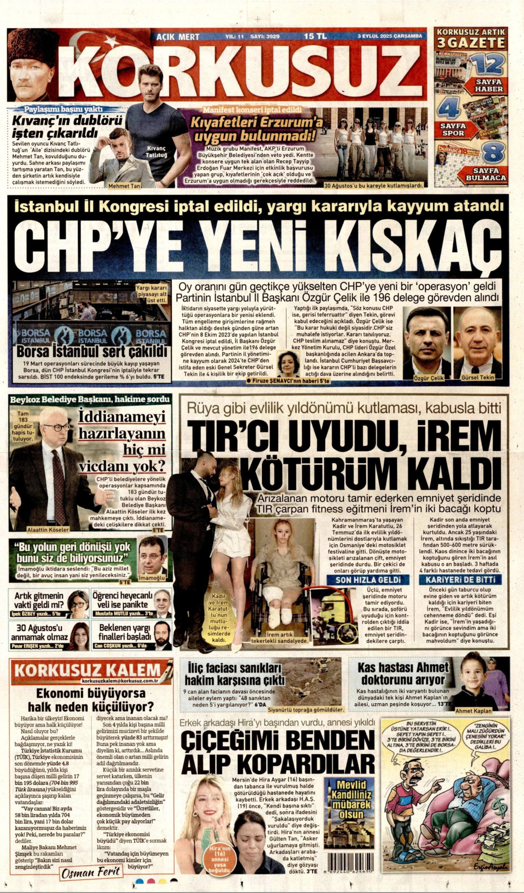 3 Eylül 2025 gazete manşetleri: Gazeteler, CHP İstanbul'a kayyum atanmasını nasıl gördü?