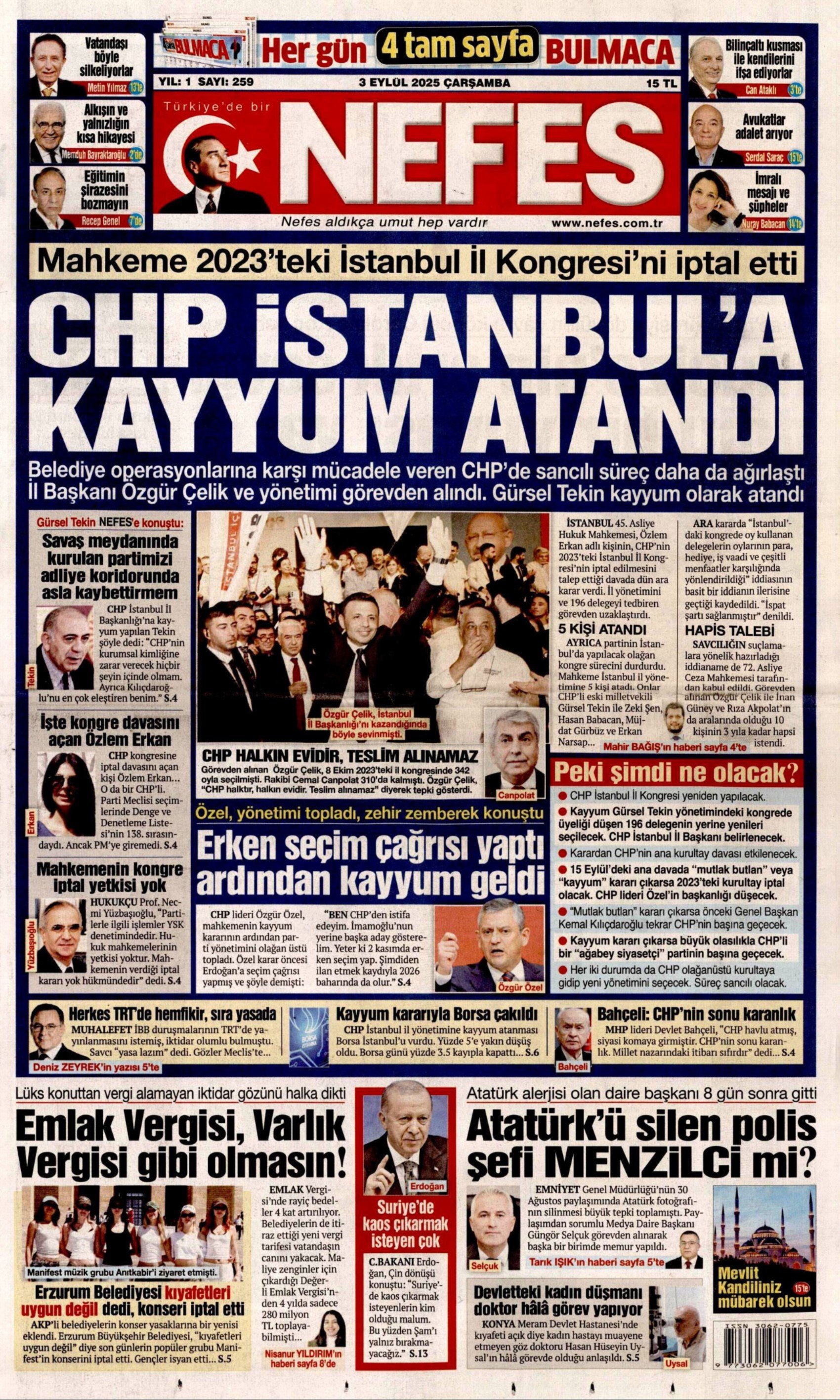 3 Eylül 2025 gazete manşetleri: Gazeteler, CHP İstanbul'a kayyum atanmasını nasıl gördü?