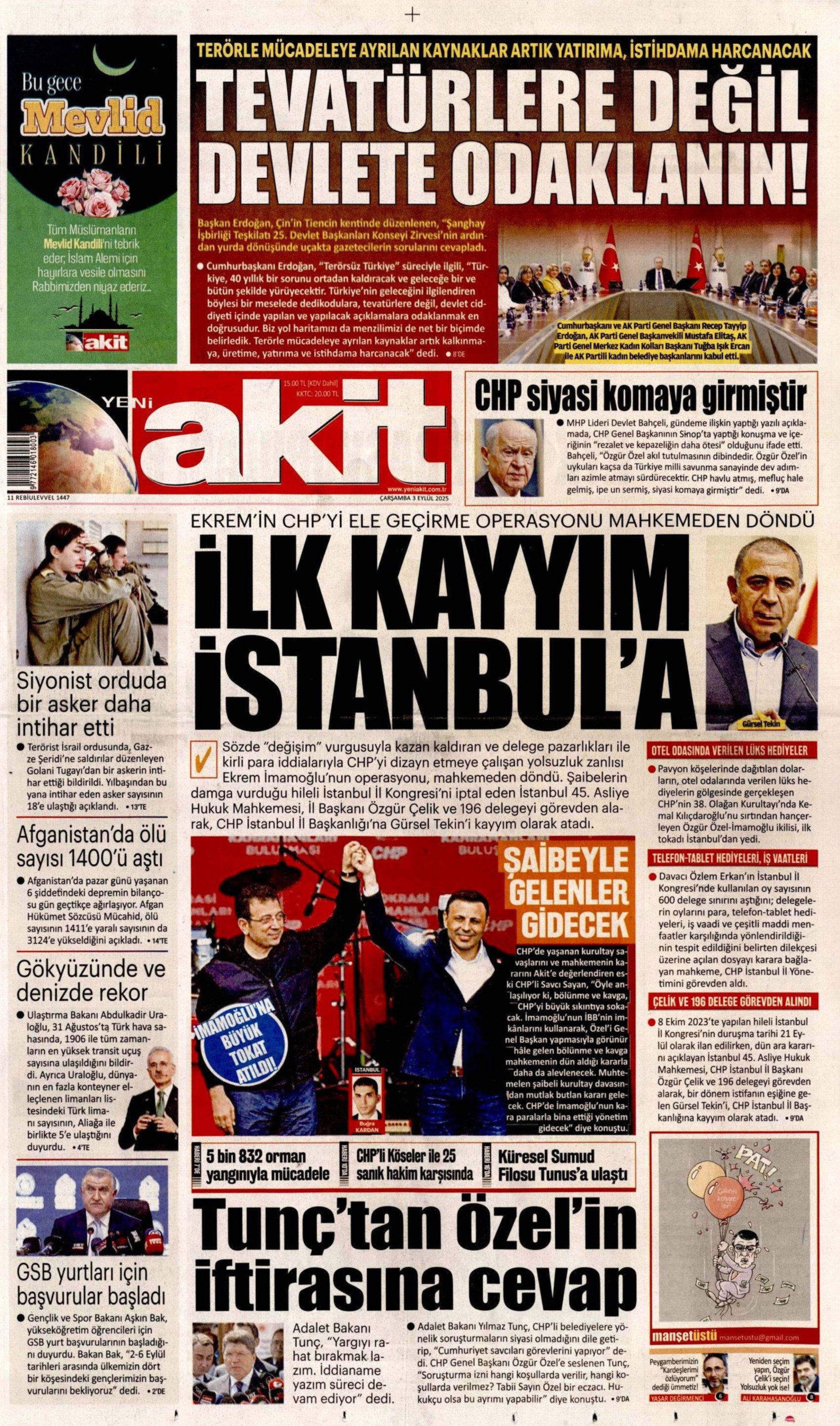 3 Eylül 2025 gazete manşetleri: Gazeteler, CHP İstanbul'a kayyum atanmasını nasıl gördü?