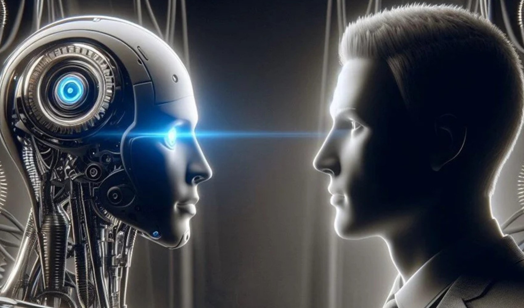 Bir robot ile insan siluetinin karşı karşıya geldiği yapay zeka temalı görsel.