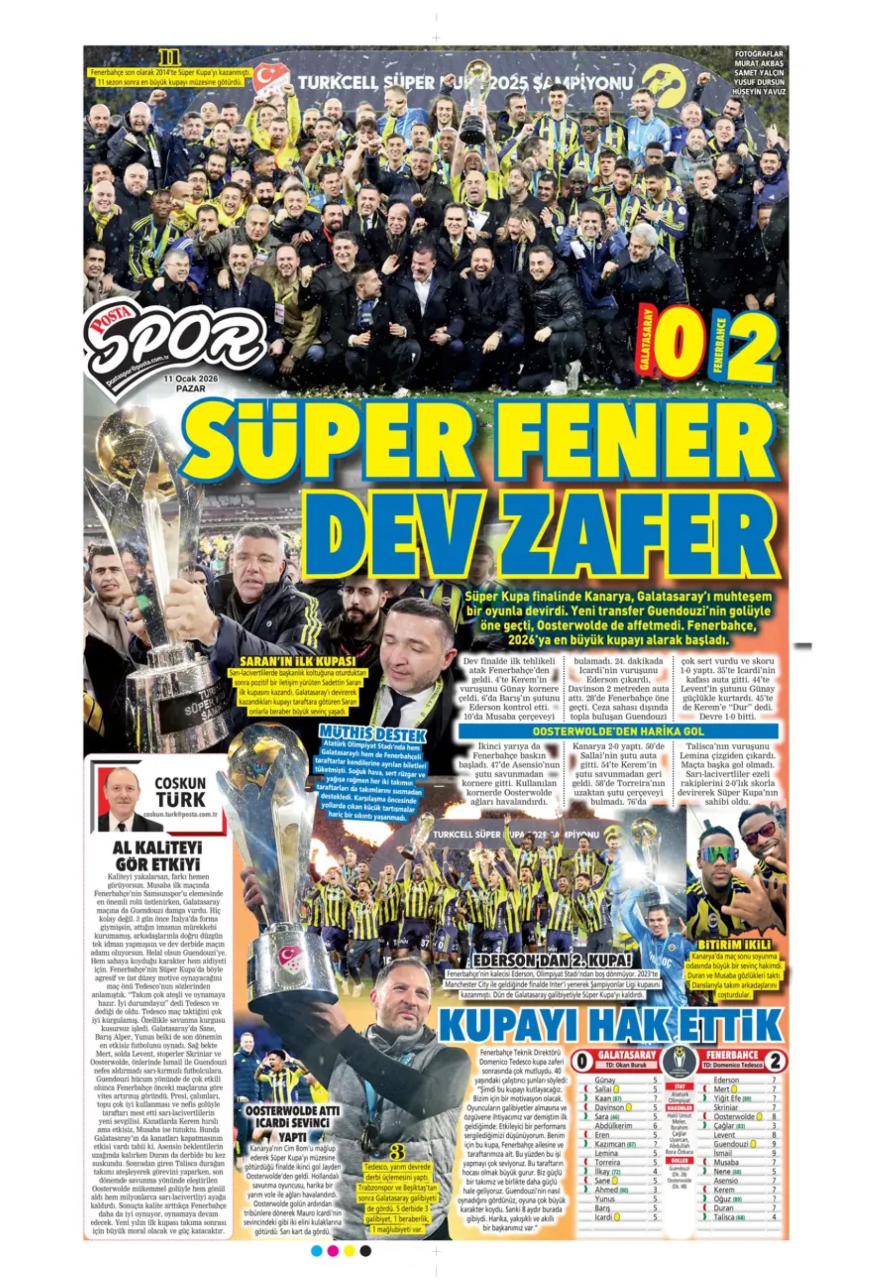 Sporun manşetleri: Gazeteler, Fenerbahçe'nin Süper Kupa zaferini nasıl gördü?