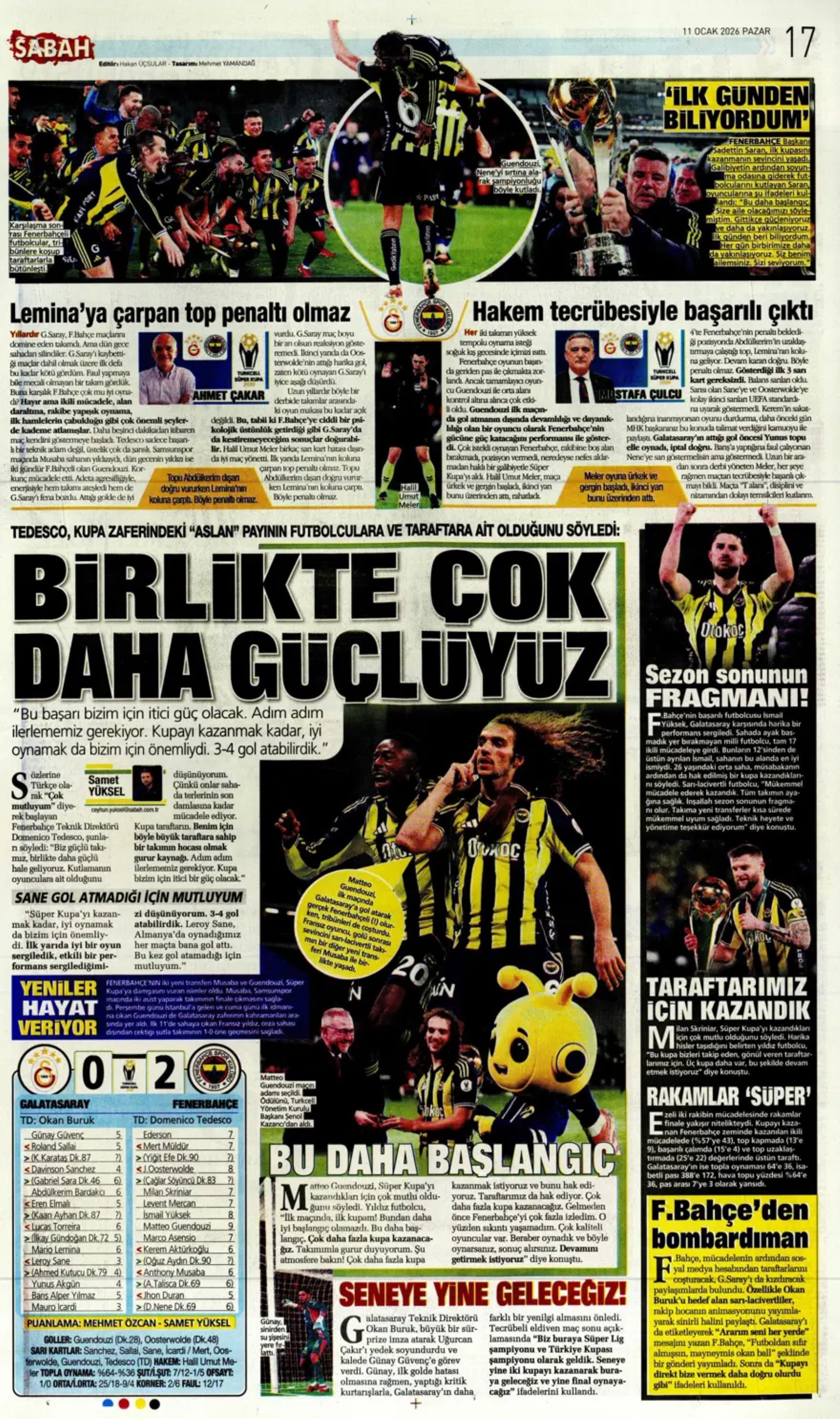 Sporun manşetleri: Gazeteler, Fenerbahçe'nin Süper Kupa zaferini nasıl gördü?