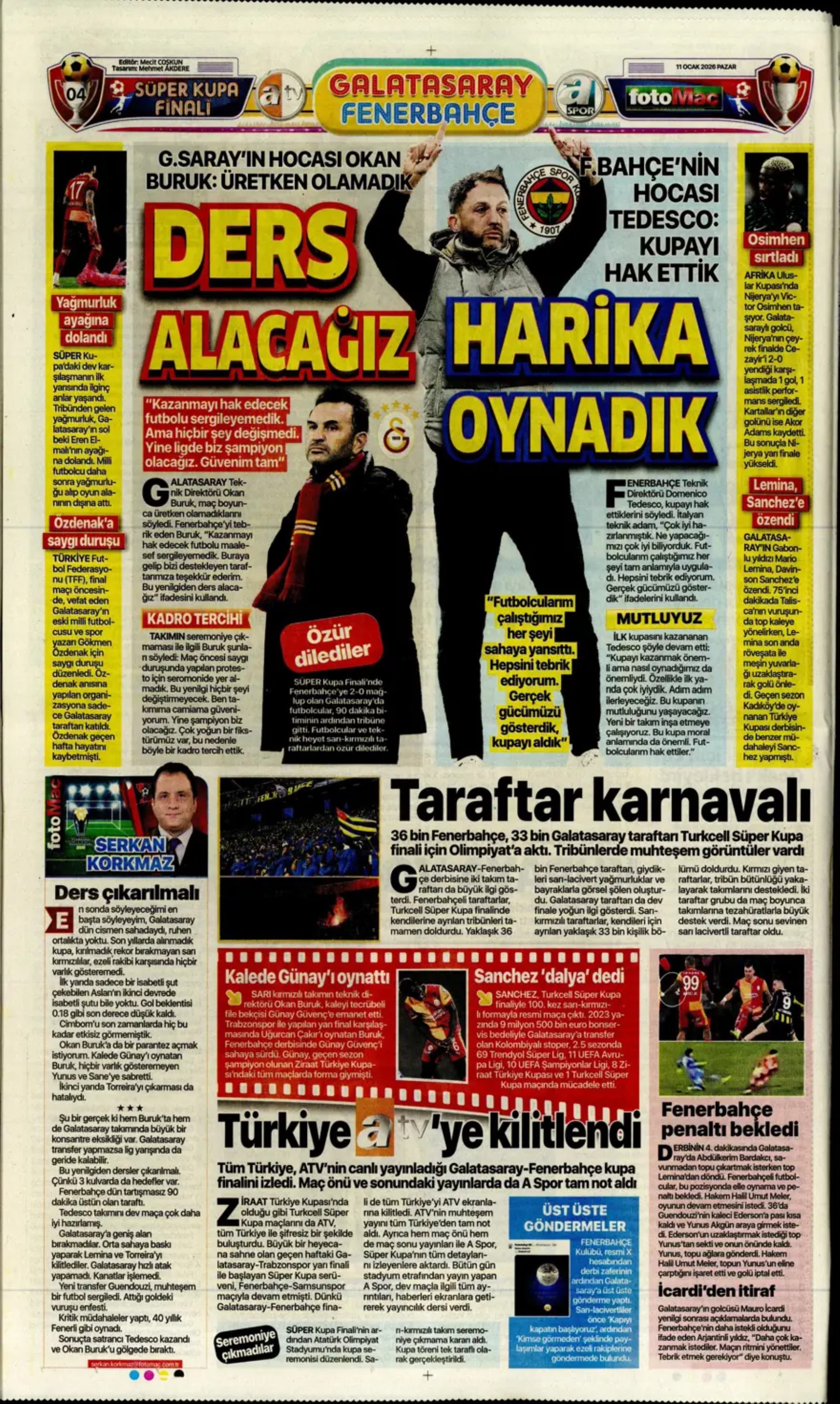 Sporun manşetleri: Gazeteler, Fenerbahçe'nin Süper Kupa zaferini nasıl gördü?