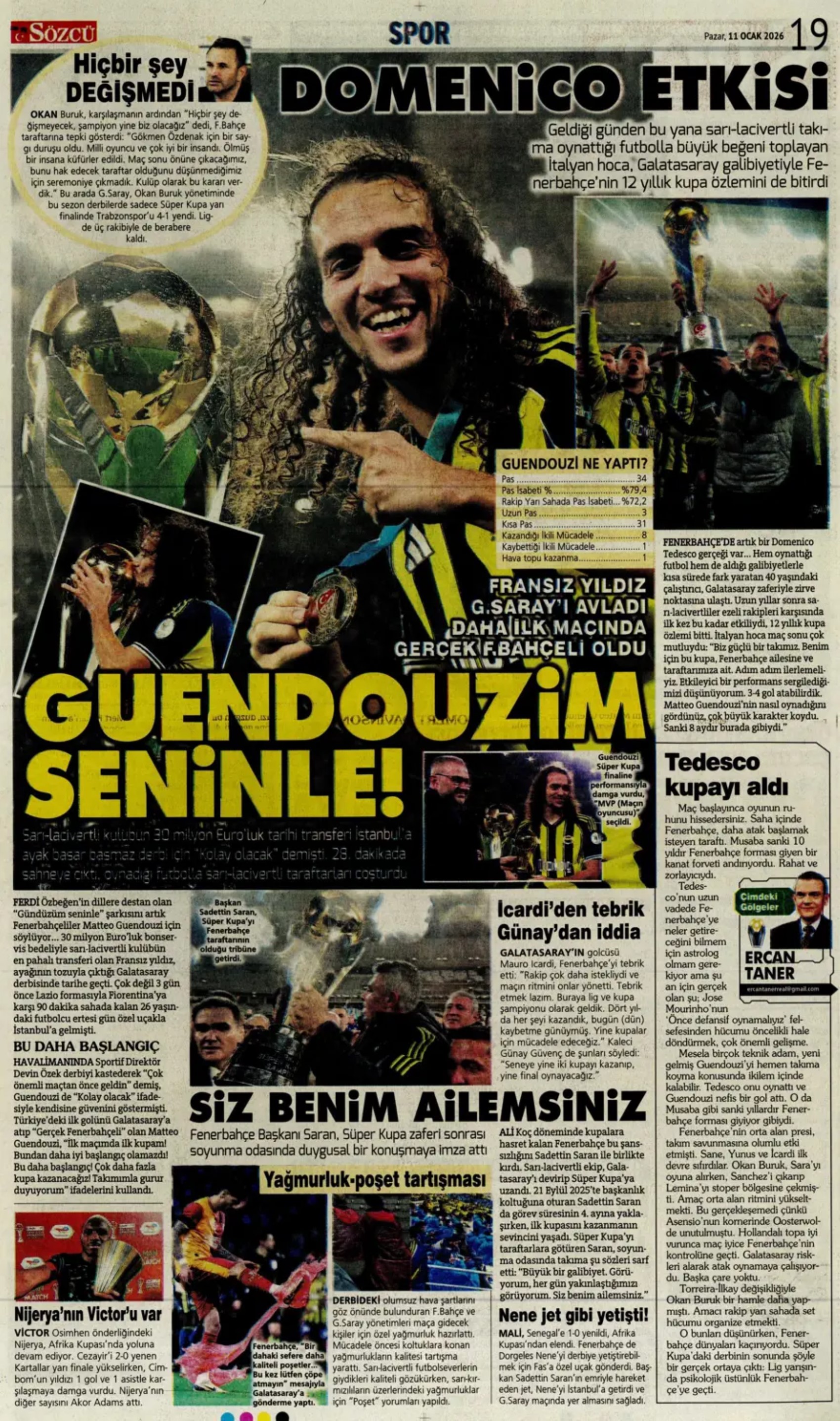 Sporun manşetleri: Gazeteler, Fenerbahçe'nin Süper Kupa zaferini nasıl gördü?