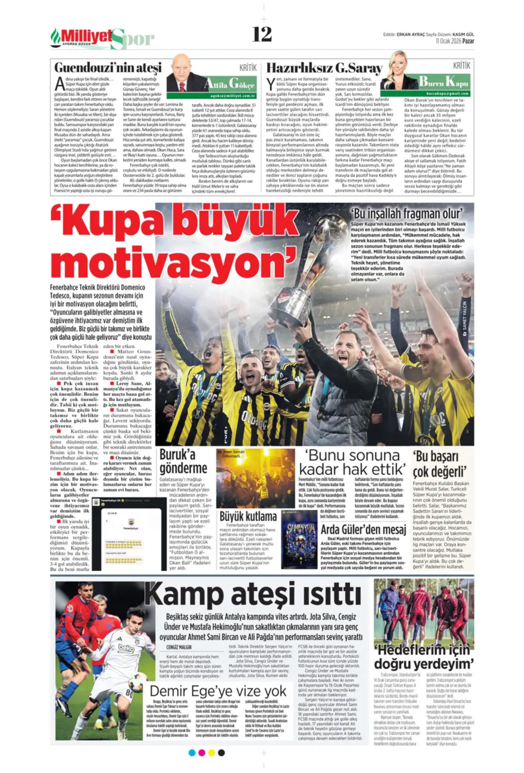 Sporun manşetleri: Gazeteler, Fenerbahçe'nin Süper Kupa zaferini nasıl gördü?