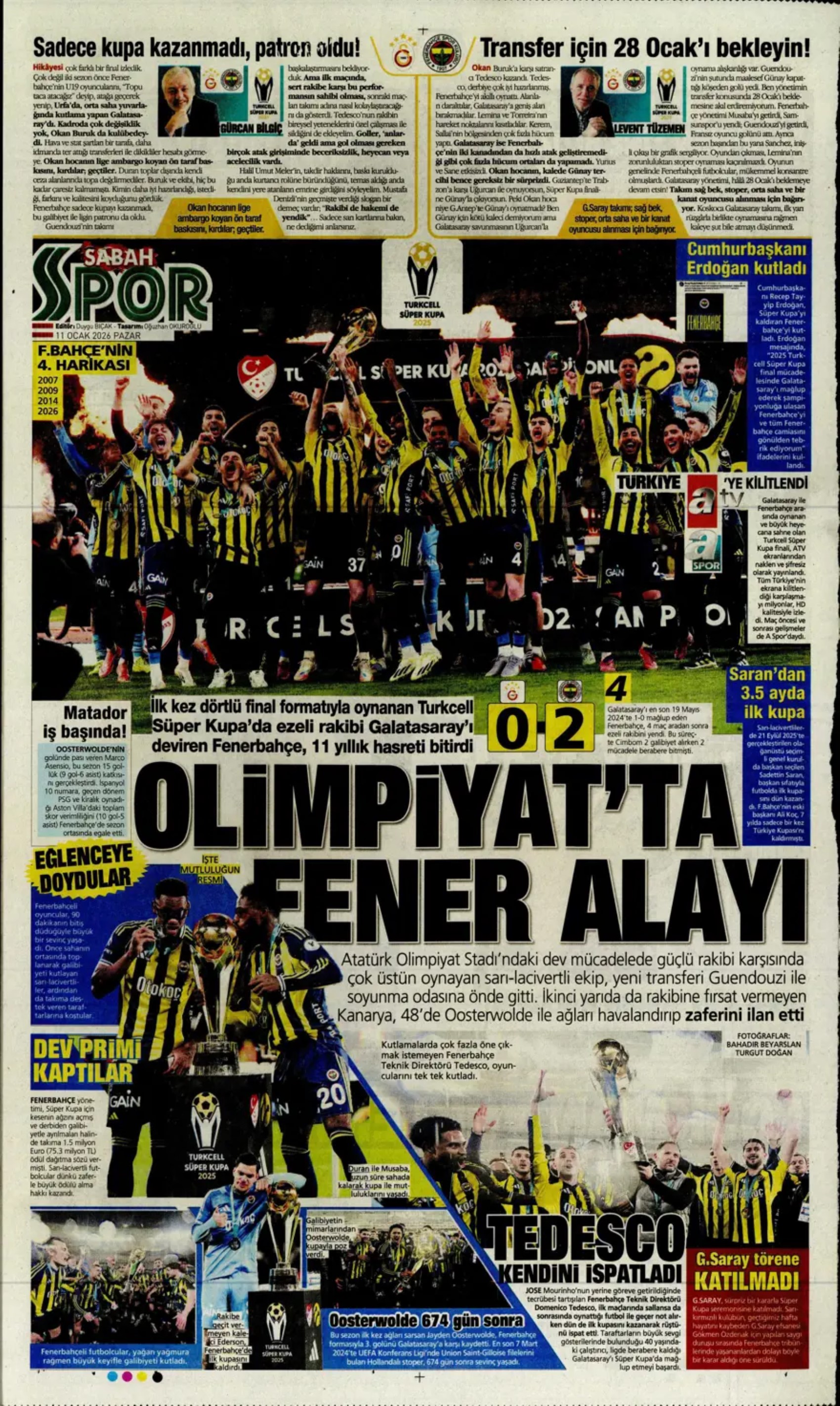 Sporun manşetleri: Gazeteler, Fenerbahçe'nin Süper Kupa zaferini nasıl gördü?