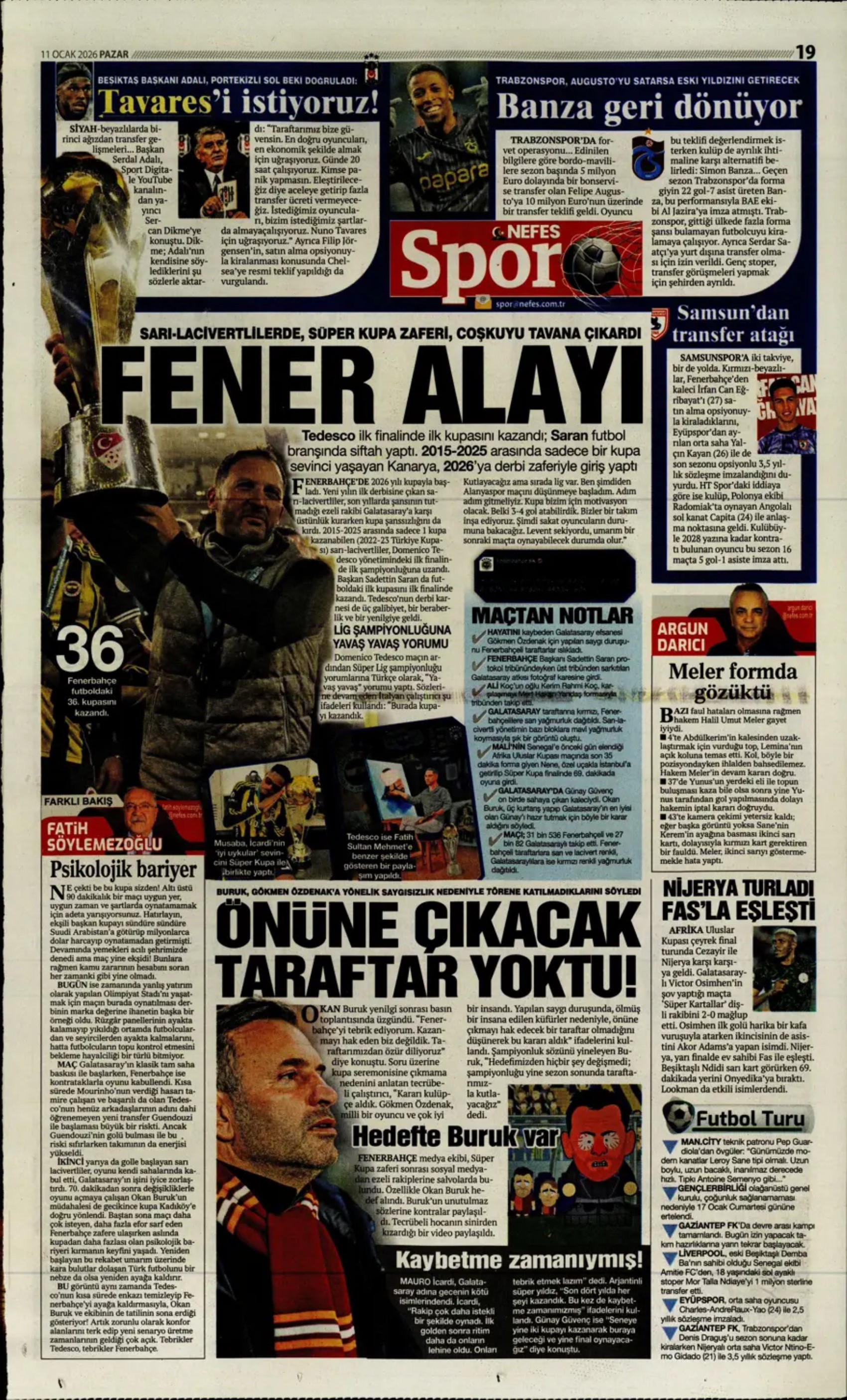 Sporun manşetleri: Gazeteler, Fenerbahçe'nin Süper Kupa zaferini nasıl gördü?