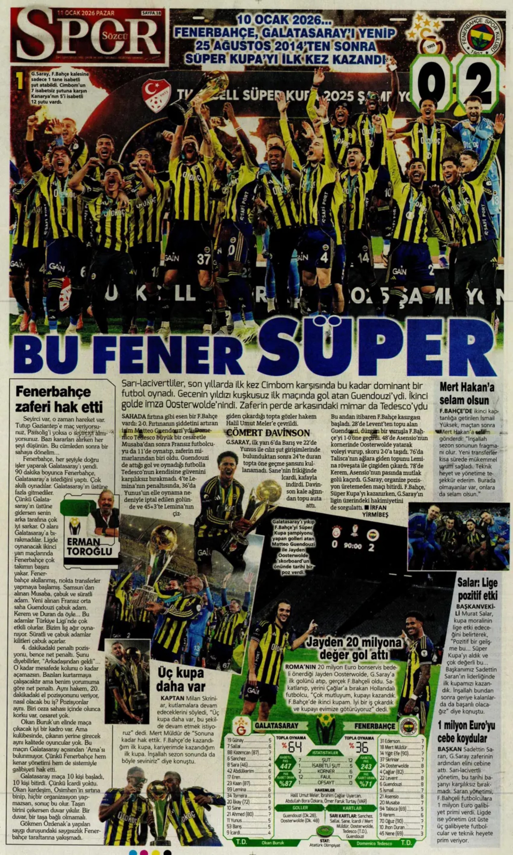 Sporun manşetleri: Gazeteler, Fenerbahçe'nin Süper Kupa zaferini nasıl gördü?