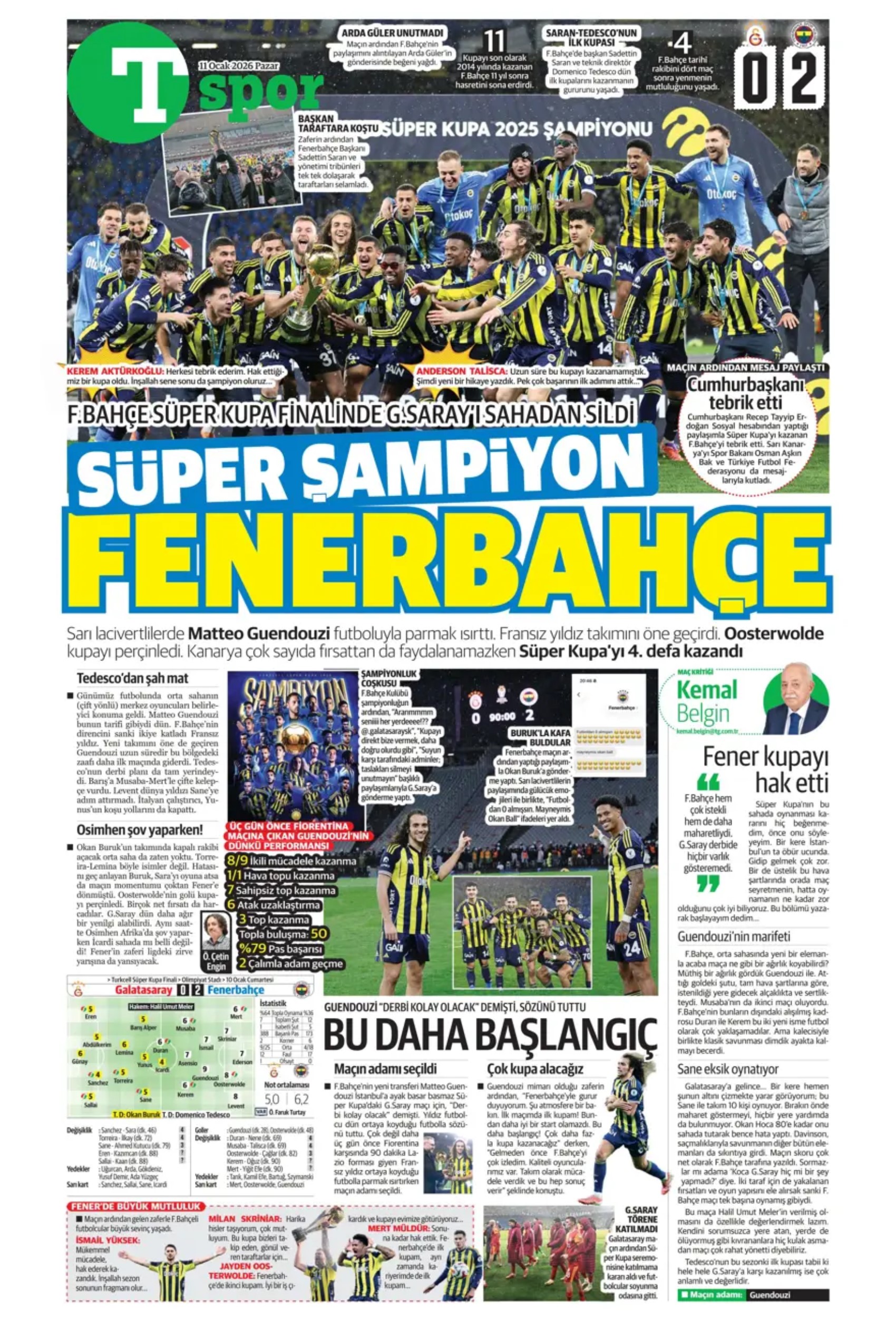 Sporun manşetleri: Gazeteler, Fenerbahçe'nin Süper Kupa zaferini nasıl gördü?