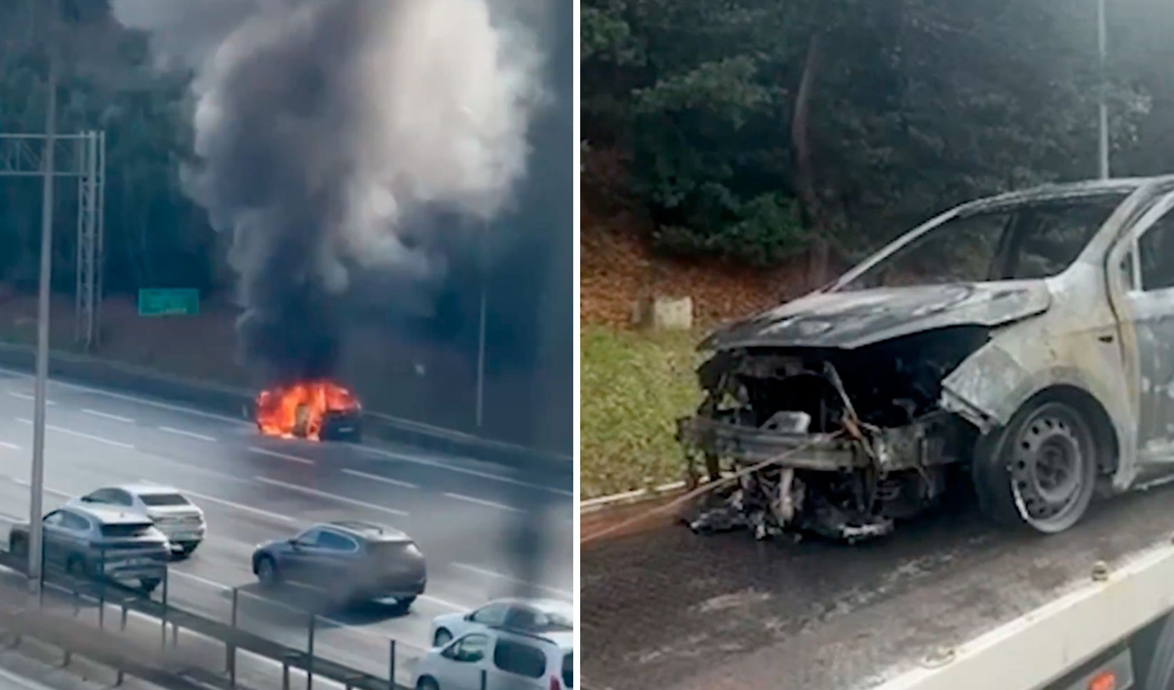 Auto avvolta dalle fiamme all'ingresso del ponte FSM