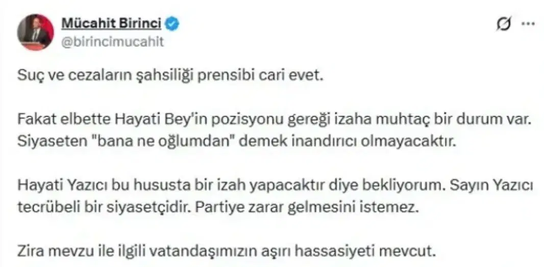 Mücahit Birinci’nin Hayati Yazıcı’ya açıklama çağrısı yaptığı sosyal medya paylaşımının ekran görüntüsü.