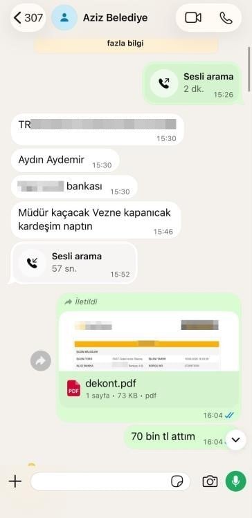 In the WhatsApp conversation, IBAN information, a receipt file, and the message “I sent 70 thousand TL” are seen.