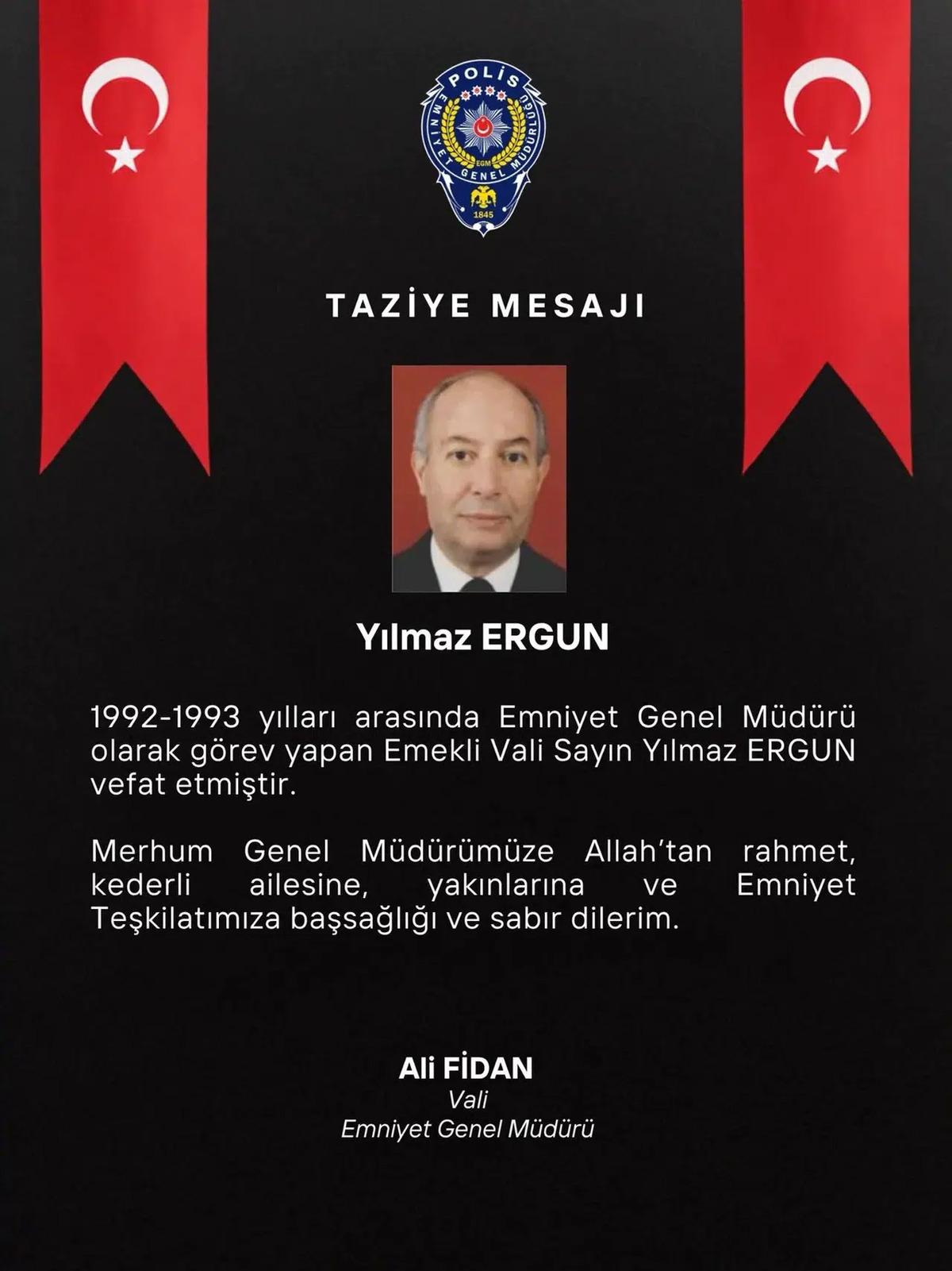 Condolence message image featuring the General Directorate of Security logo, Turkish flags, and a photograph of Yılmaz Ergun.