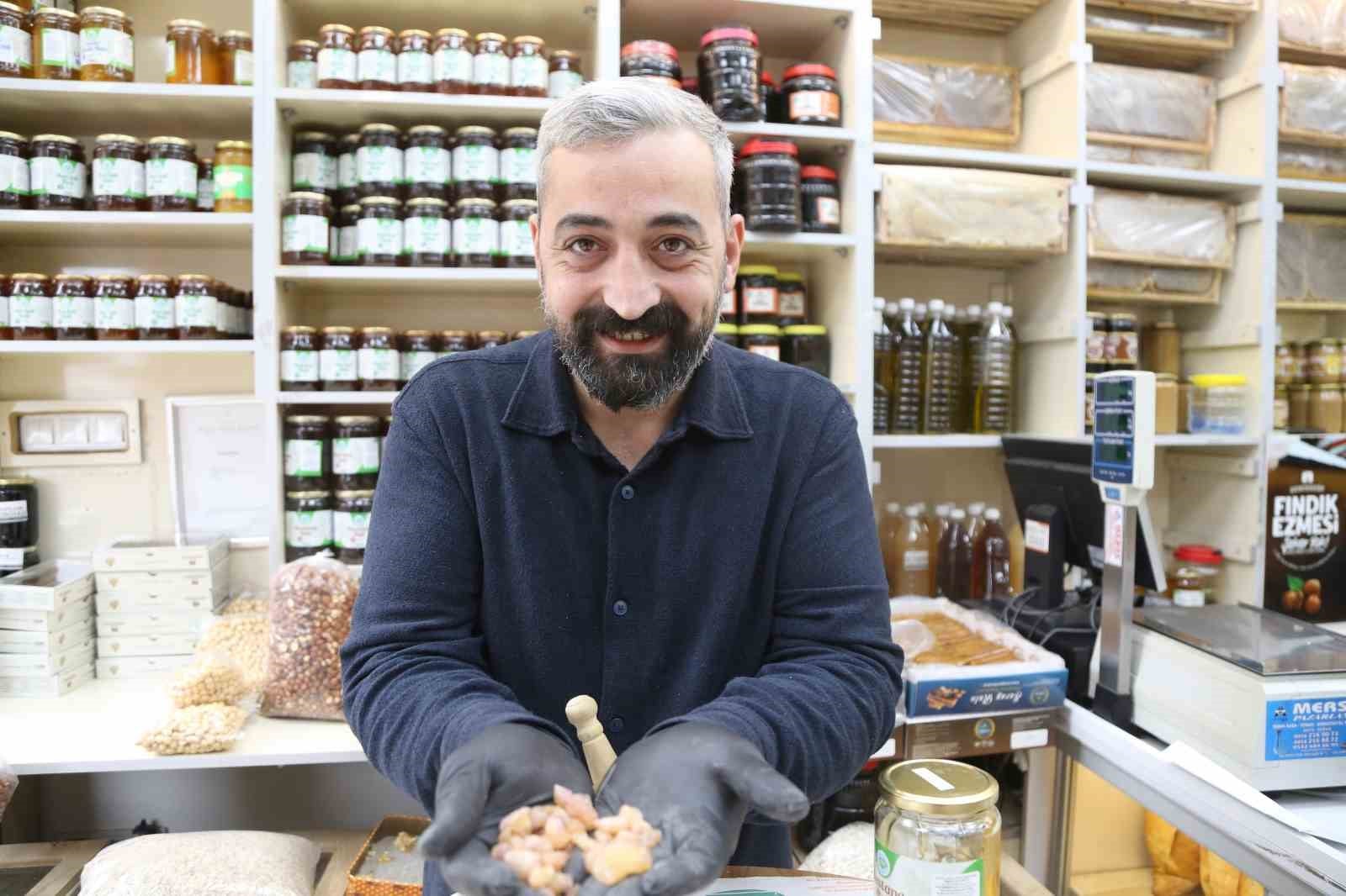 Erkan Büyük, eldivenli ellerinde çam sakızı parçalarını gösteriyor.