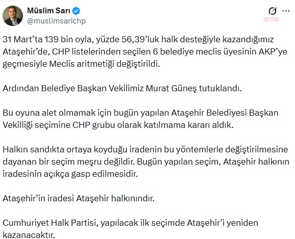 Müslim Sarı’nın Ataşehir Belediye Başkan Vekilliği seçimine ilişkin sosyal medya paylaşımının ekran görüntüsü.