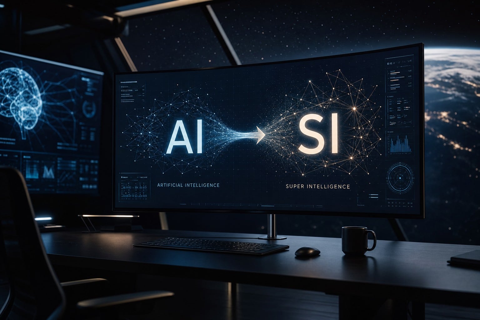Ilustración tecnológica que simboliza la transición de la inteligencia artificial al discurso de la superinteligencia, sin incluir logotipos de marca.
