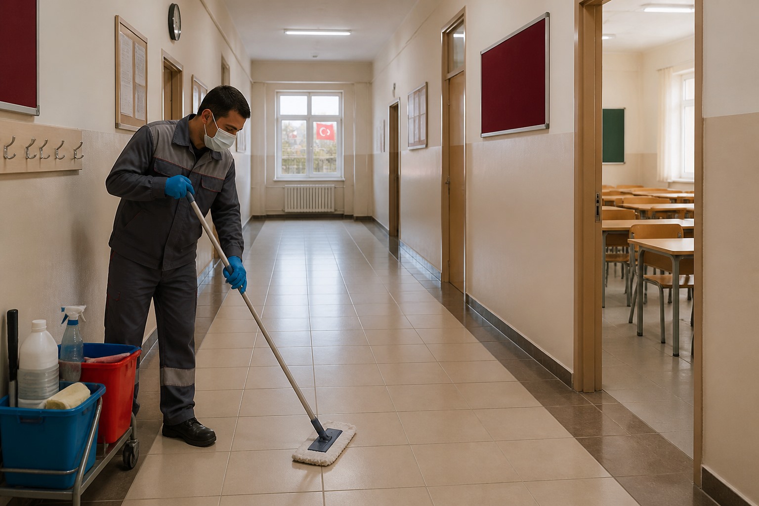 Dezenfeksiyon çalışması yapılan boş bir okul koridorunu gösteren temsili görsel.