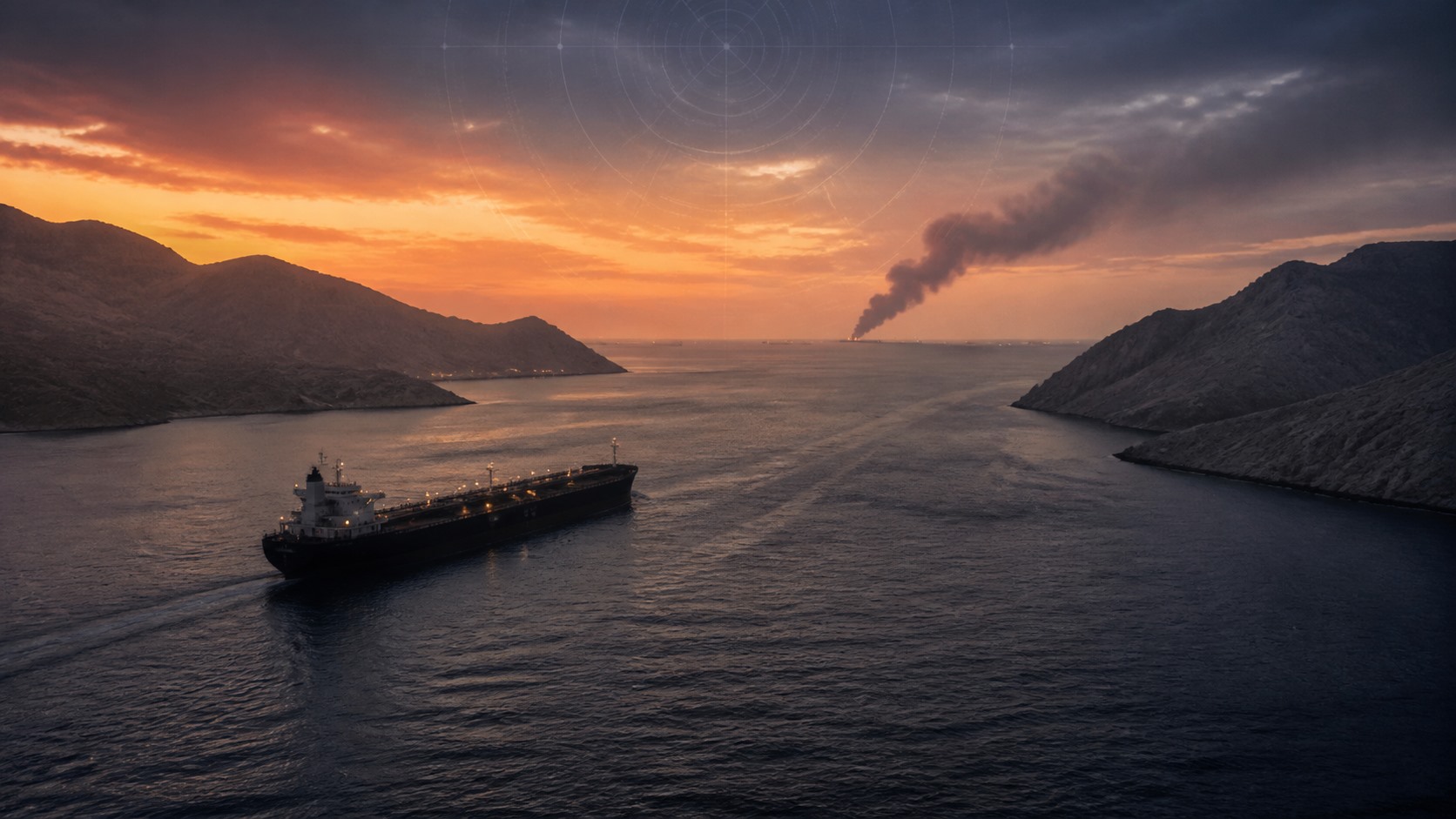 Hürmüz Boğazı’nda deniz taşımacılığı gerilimini simgeleyen tanker ve radar görselli illüstrasyon.