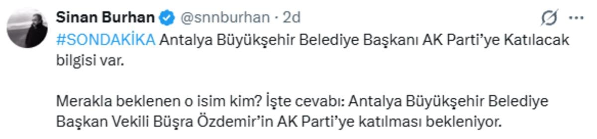 Screenshot del post sui social media di Sinan Burhan riguardo alla vicesindaca della municipalità metropolitana di Antalya, Büşra Özdemir.