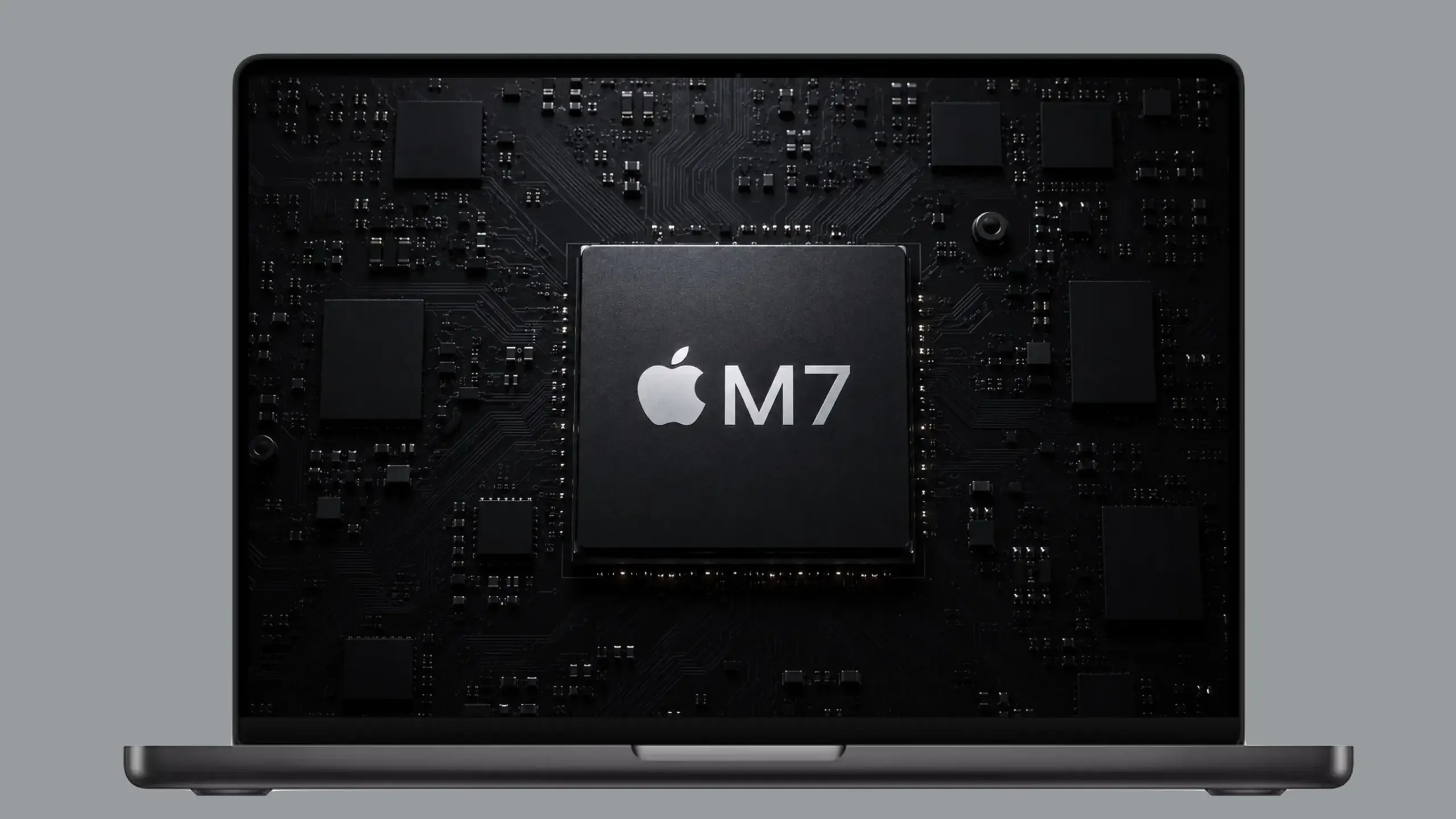 Schermo di un portatile scuro con l'immagine di un chip recante la scritta M7.