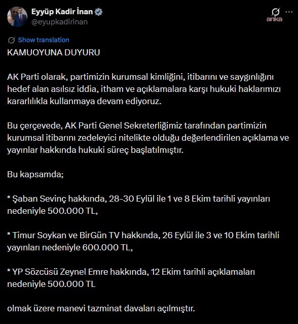 Eyyüp Kadir İnan’ın X paylaşımında tazminat davalarına ilişkin açıklamanın ilk kısmı görülüyor.