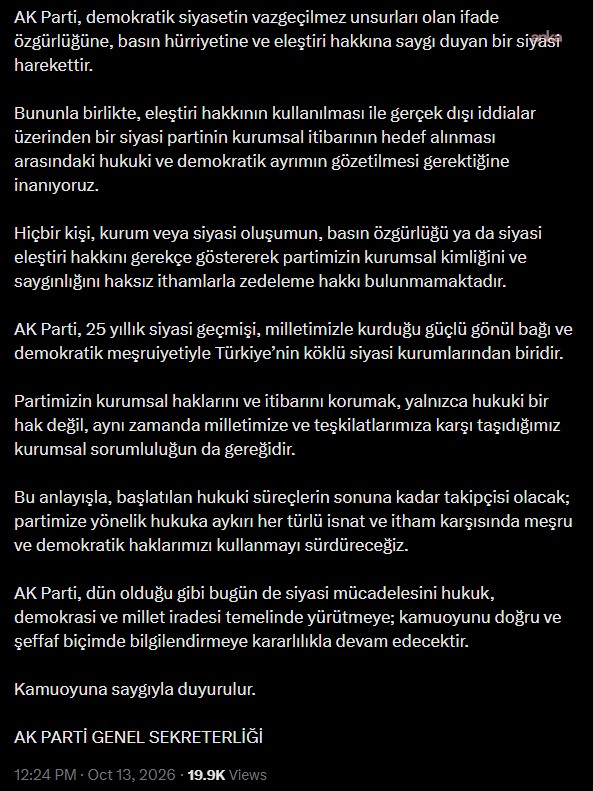 X paylaşımında AK Parti’nin ifade özgürlüğü, basın hürriyeti ve kurumsal itibar vurgusunu içeren metin görülüyor.