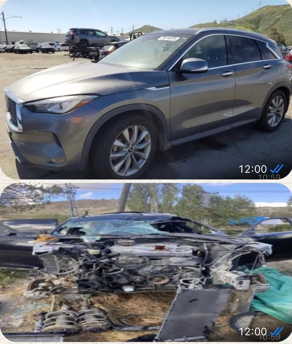 In alto un SUV grigio dall'aspetto integro, in basso la foto di un veicolo con il vano motore smontato e gravemente danneggiato.