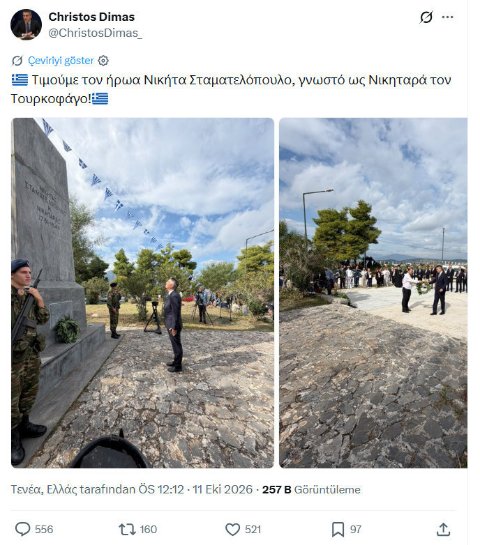 Christos Dimas’ın X paylaşımının ekran görüntüsü; paylaşımda Nikitaras anıtı önünde çekilen fotoğraflar ve tepki çeken ifade yer alıyor.