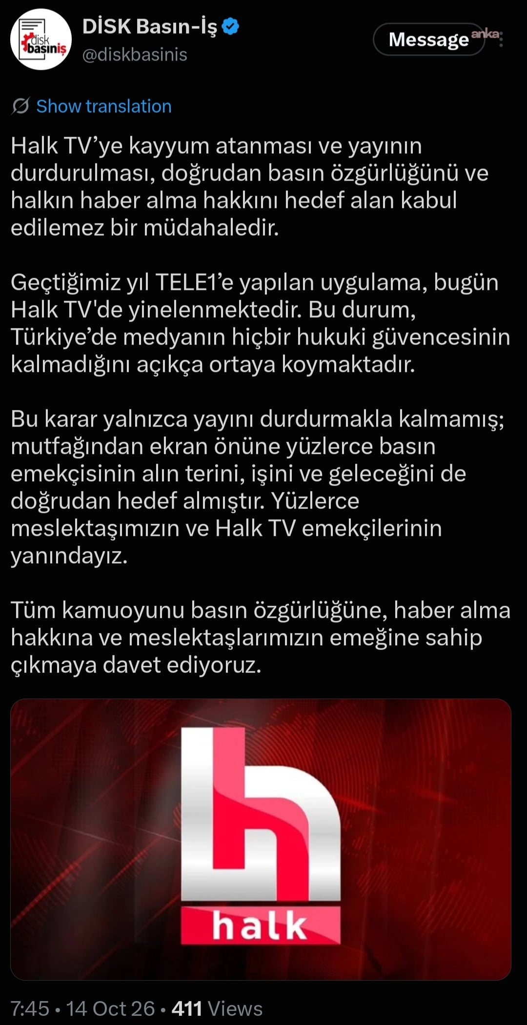 A screenshot of the social media post where DİSK Basın-İş reacted to the appointment of a trustee to Halk TV and the suspension of its broadcast.