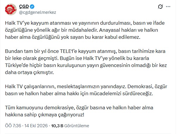 Çağdaş Gazeteciler Derneği’nin Halk TV kararına ilişkin sosyal medya açıklamasının ekran görüntüsü.