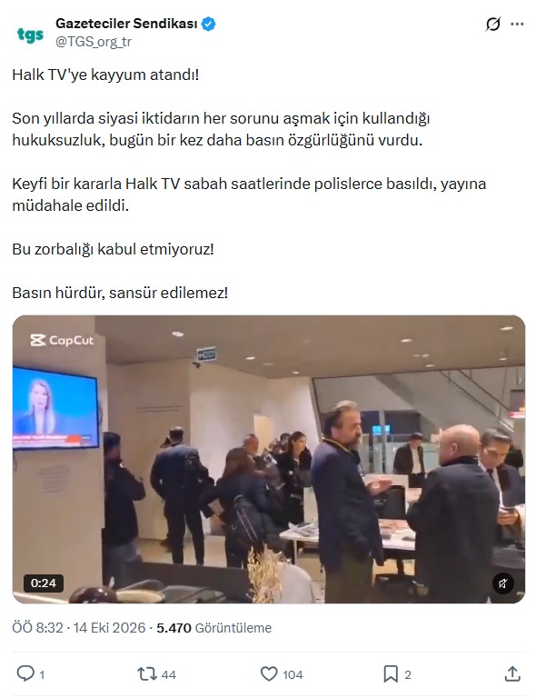 Türkiye Gazeteciler Sendikası’nın Halk TV’ye kayyım atanmasına ilişkin sosyal medya paylaşımının ekran görüntüsü.