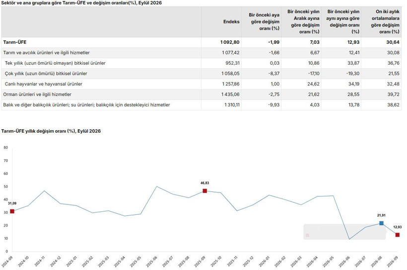 Eylül 2026 Tarım-ÜFE verilerini gösteren TÜİK tablo ve grafik görseli.