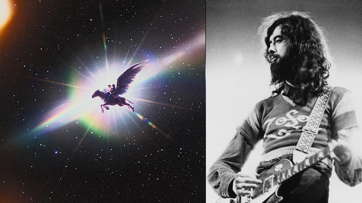 Narnia fragmanından fantastik bir uçuş sahnesi ile Led Zeppelin gitaristini gösteren görsel.