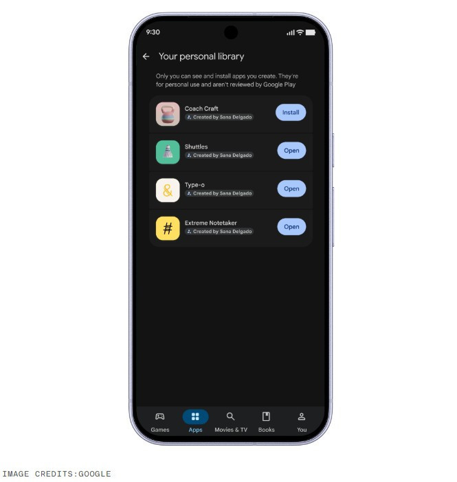Bir akıllı telefon ekranında Google Play kişisel uygulama kütüphanesi arayüzü görülüyor.