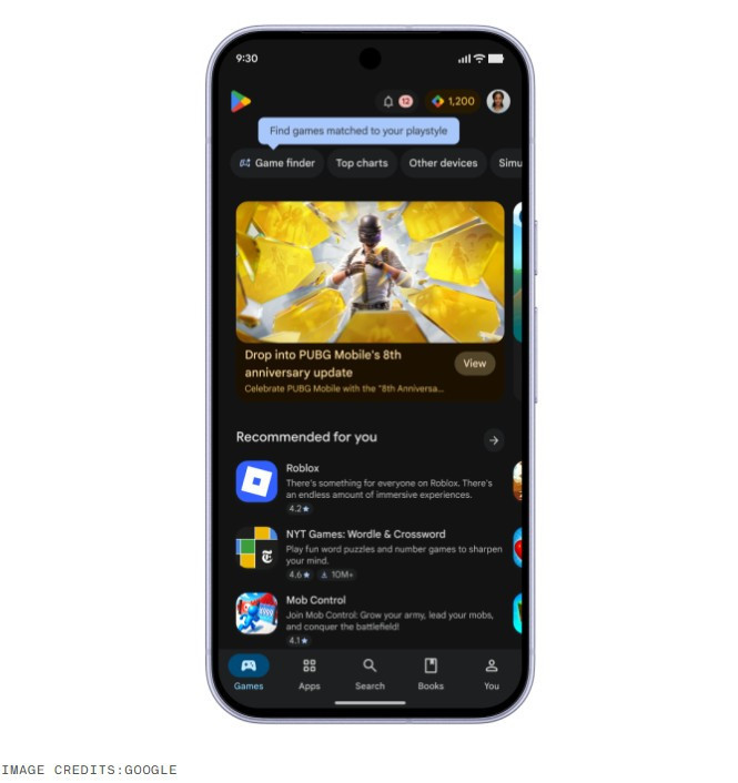 Google Play arayüzünde oyun önerileri ve Game Finder sekmesi görünen bir akıllı telefon ekranı.