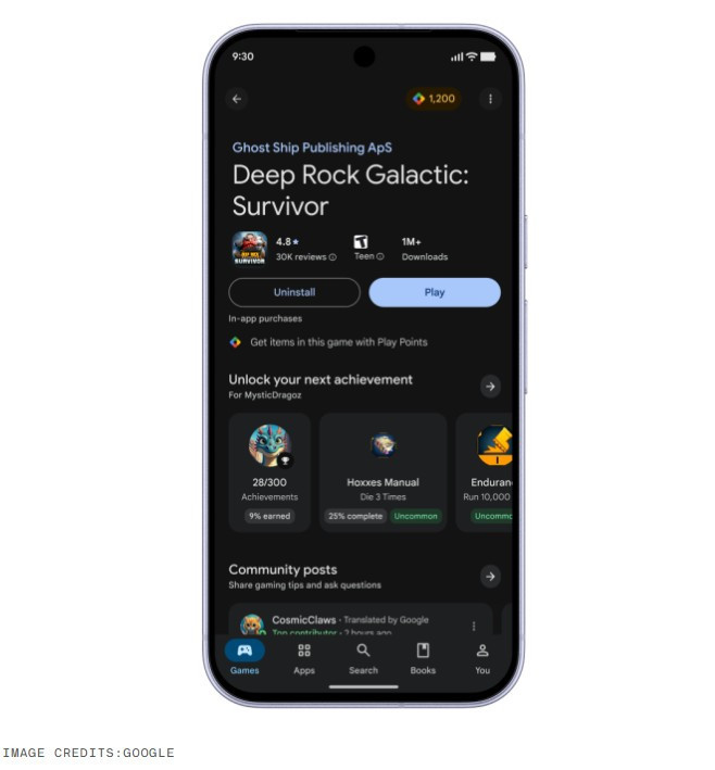 Bir oyun sayfasında başarımlar, topluluk gönderileri ve oynat düğmesi görünen Google Play ekranı.